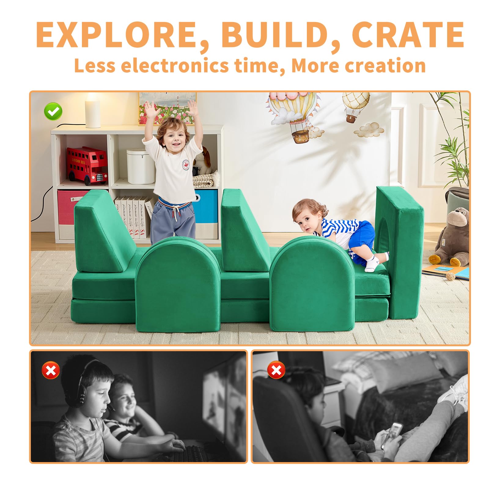 wanan Kids Couch 10PCS, Modular Kids Play Couch for Playroom Bedroom, 10 in 1 Multifunctional Kid Sofa for Playing, Creativing, Sleeping, Indoor Toddler Couches for Boys and Girls(Dark Grey)