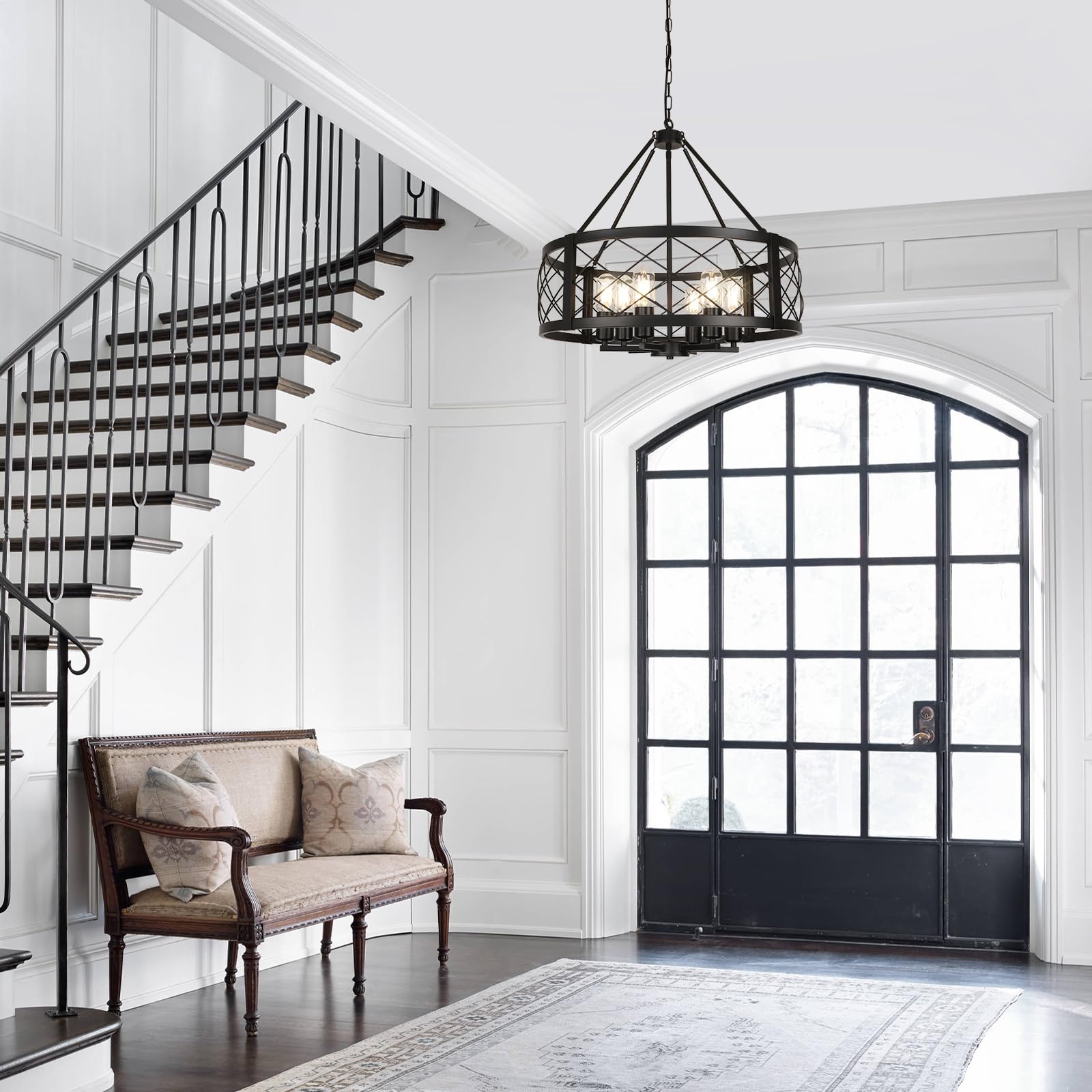 Modern Chandelier for Dining Room, 6-Light Wood Grain Finish Farmhouse Chandelier, 22.5” Rustic Drum Hanging Light Kitchen Island, Round Metal Hanging Light Fixture for Foyer, Entryway, Bedroom