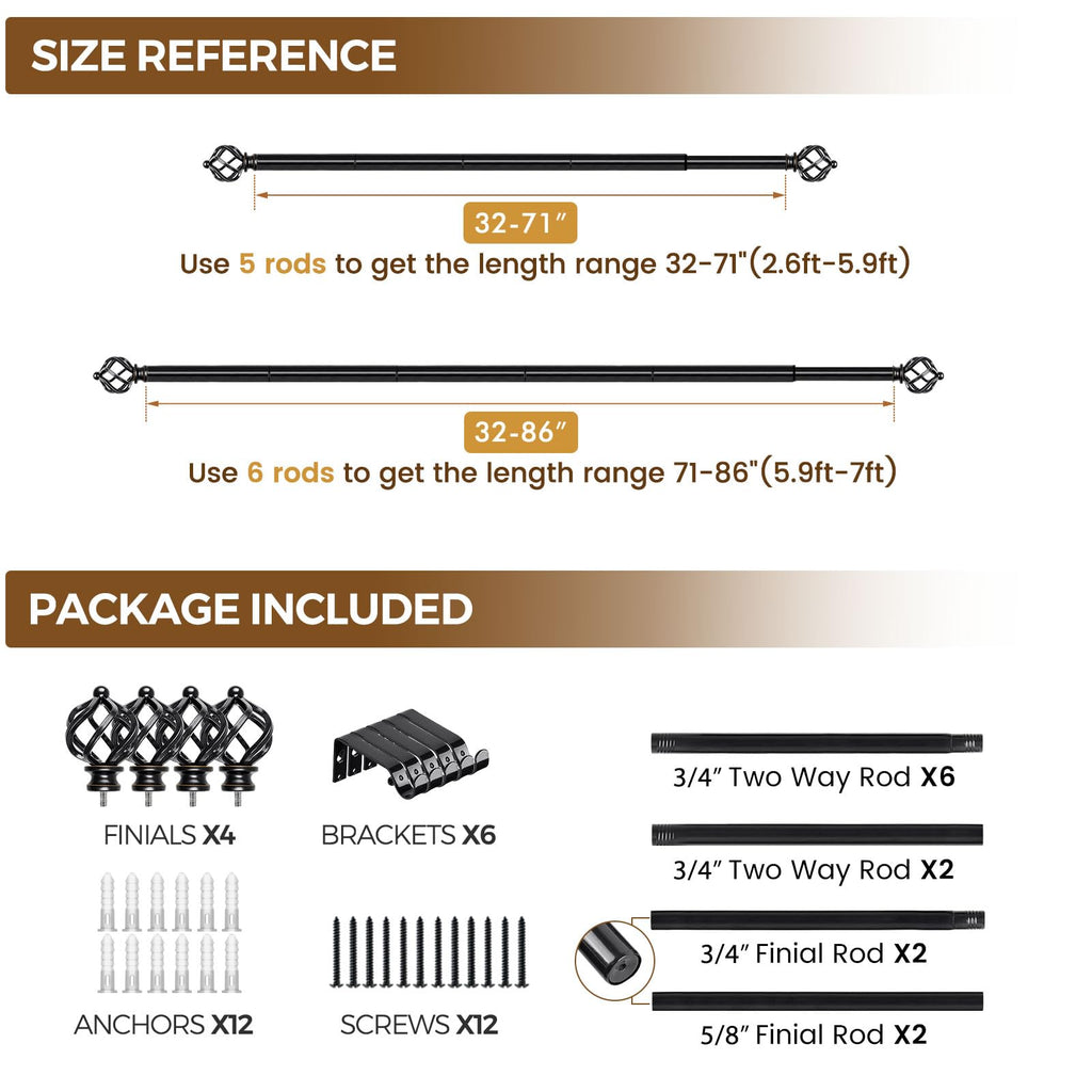 KAMANINA Silver Curtain Rod 32 to 58 Inch(2.6-4.8ft), Adjustable Curtain Rods for Windows 28 to 48 Inch, 3/4 Inch Splicing Drapery Rods with Twisted Cage Finial
