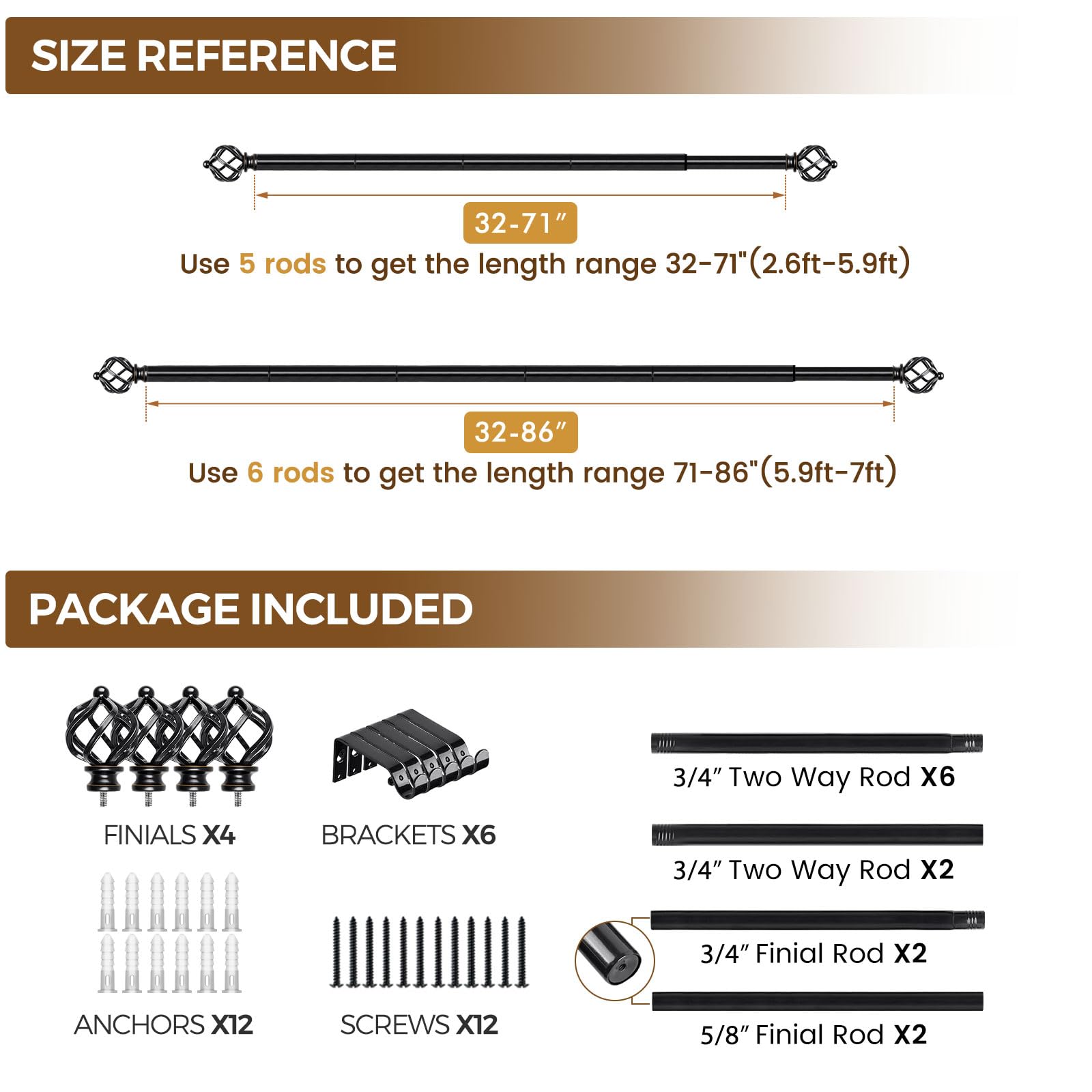 KAMANINA Silver Curtain Rod 32 to 58 Inch(2.6-4.8ft), Adjustable Curtain Rods for Windows 28 to 48 Inch, 3/4 Inch Splicing Drapery Rods with Twisted Cage Finial