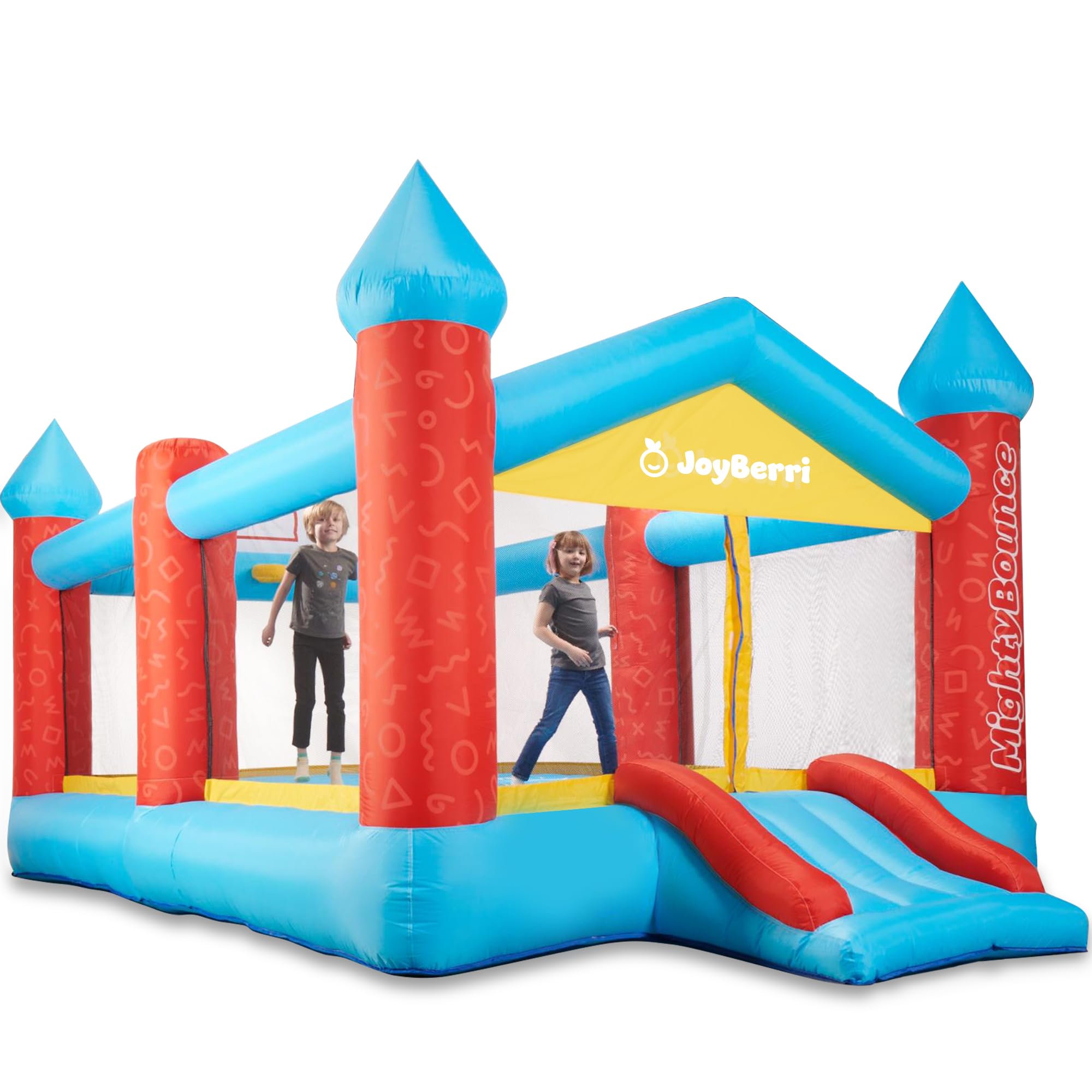 JoyBerri Mighty Bounce House with Blower -16.8' x8.9' Ft Extra Large Inflatable Bouncy Castle with Slide, Volleyball Net, Basketball Hoop — Kids Bounce House for Big Kids 5-12, Outdoor -ASTM Certified