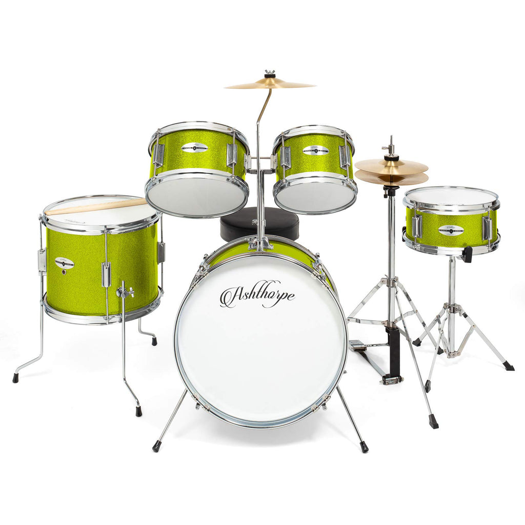 Ashthorpe 5-Piece Complete Kids Drum Set with Genuine Brass Cymbals - Junior Beginner Kit with 16" Bass, Throne, Hi-Hats, Pedals & Drumsticks - Black