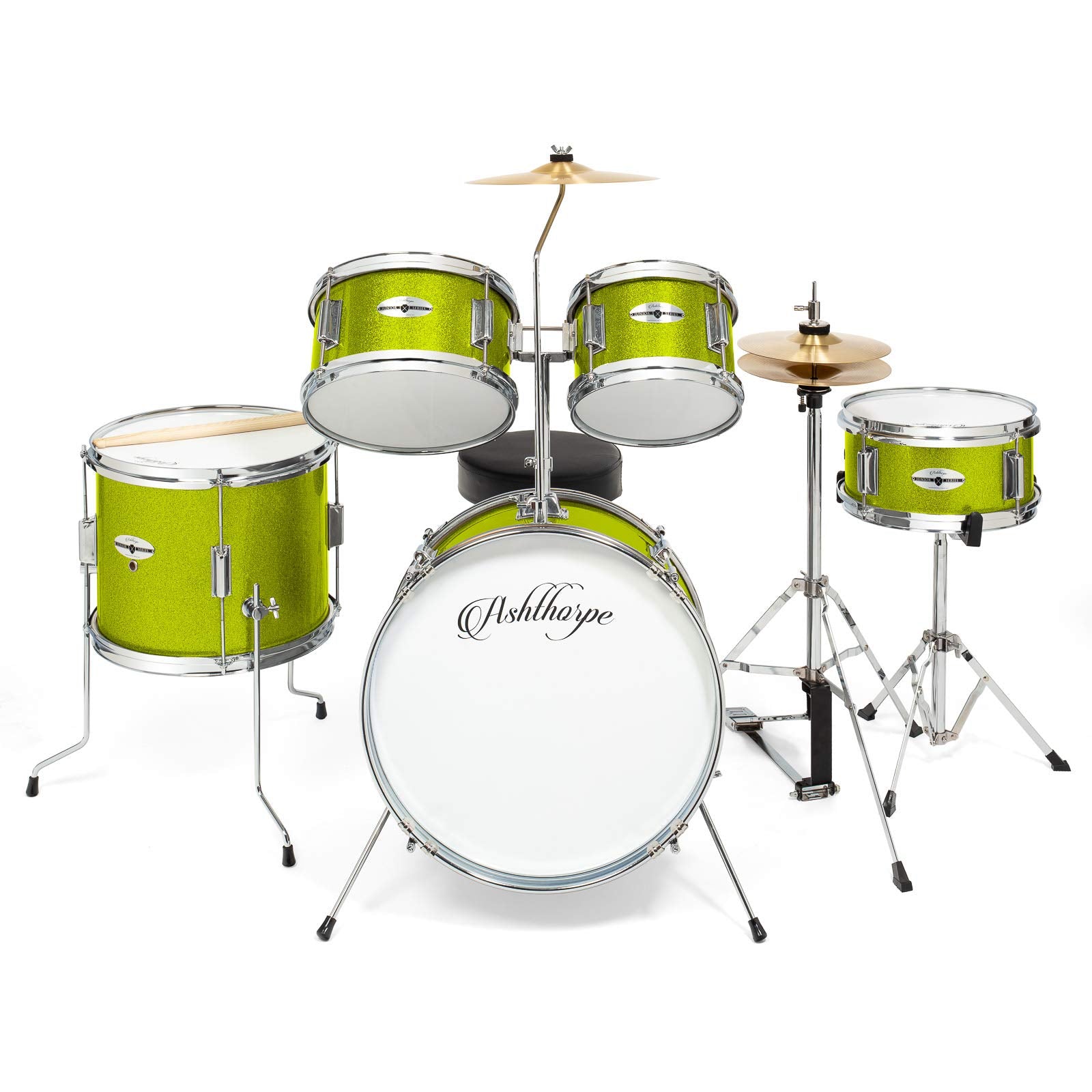 Ashthorpe 5-Piece Complete Kids Drum Set with Genuine Brass Cymbals - Junior Beginner Kit with 16" Bass, Throne, Hi-Hats, Pedals & Drumsticks - Black