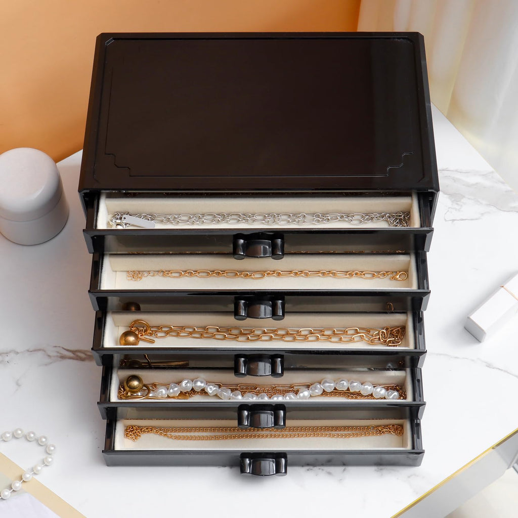 YUFONG Necklace Holder Organizer, Dustproof Necklace Box Velvet Necklace Organizer Box with Lid Clear Acrylic Dustproof Stackable Jewelry Displays for Necklaces Chain Display (Beige, 3 Drawer)