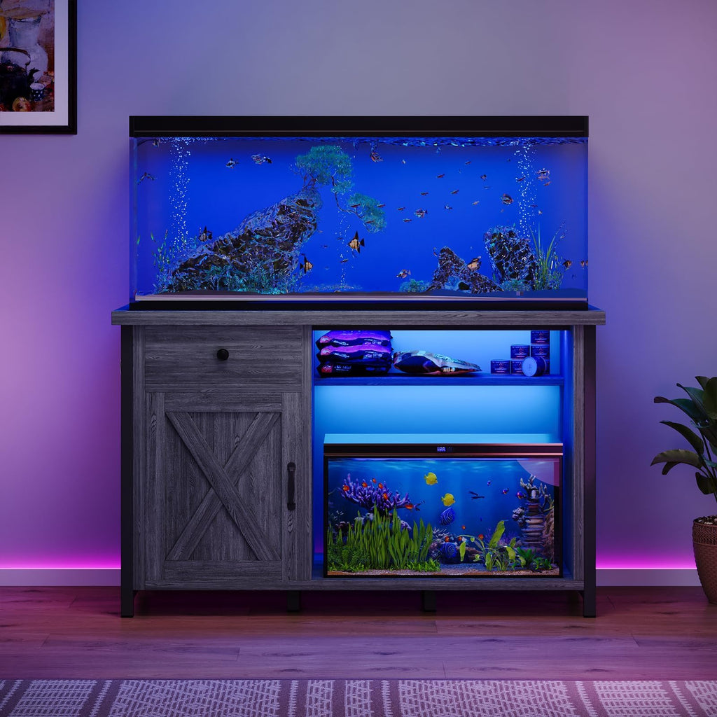 4ever2buy 55-75 Gallon Fish Tank Stand with Power Outlets, LED Light, Heavy Duty Aquarium Stand with Cabinet for Fish Tank Accessories Storage, for Turtle Tank, Reptile Terrarium, 1100LBS, Black