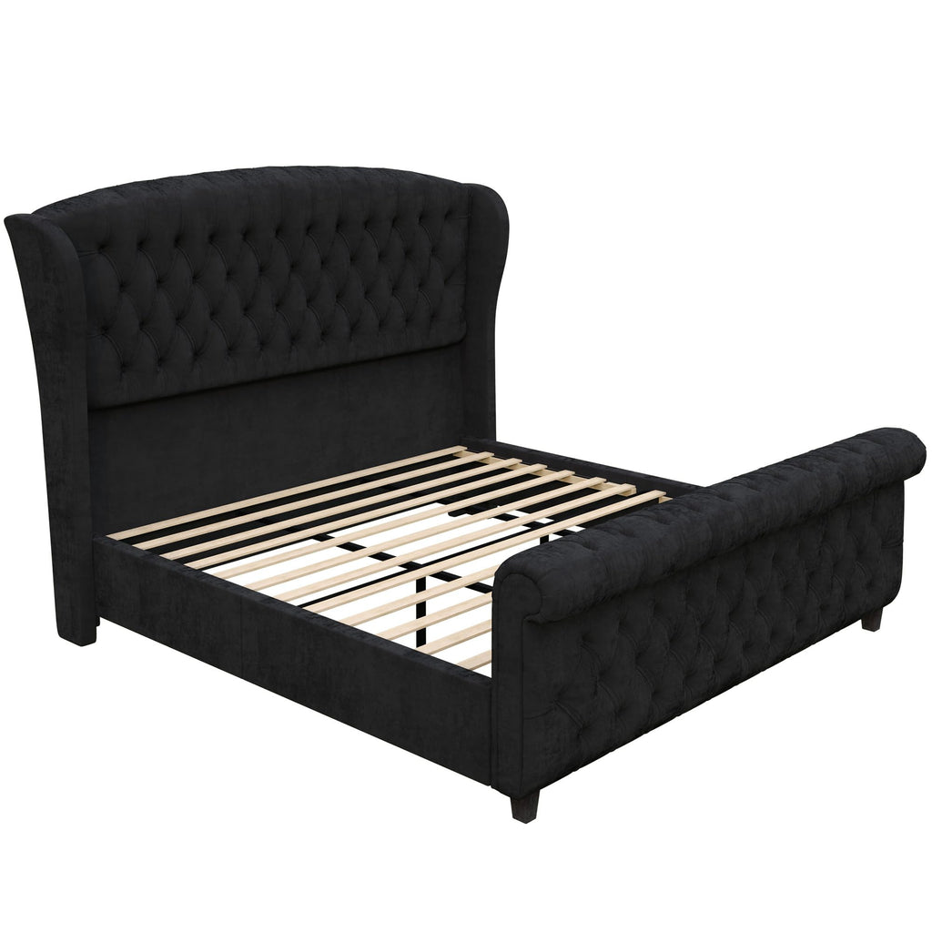 LUXOAK Queen Size Platform Bed Frame, Velvet Upholstered Sleigh Bed with Curved Headboard & Footboard, Deep Button Tufted, Wood Slats Support, No Box Spring Needed, Black