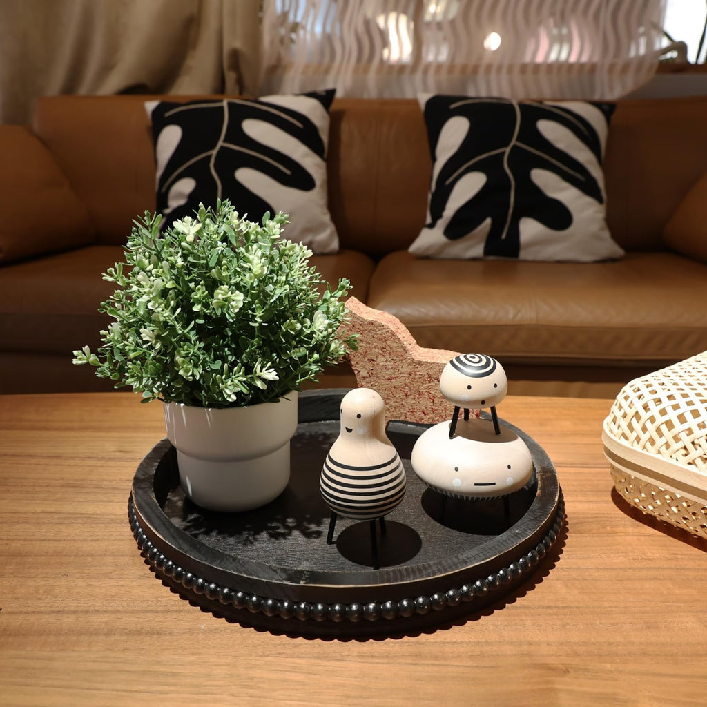 Hrastany Wood Rustic Serving Tray with Beads, Farmhouse Black Decorative Tray for Table Centerpiece, Christmas Wedding Halloween Home Decor