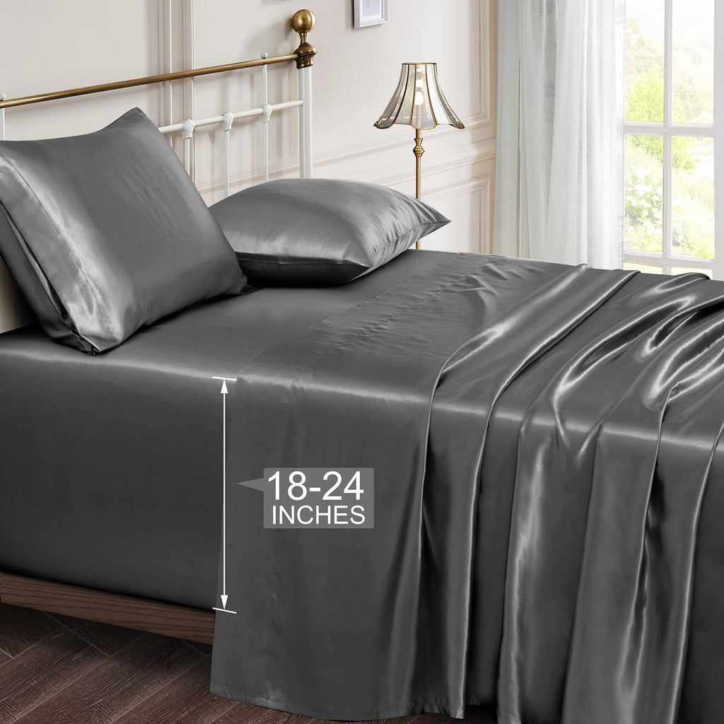 Vonty Extra Deep Pocket Full Sheet Sets - Cooling & Silky Satin Full Size Sheets with 18-24 Inch Deep Pocket, Black Satin Bed Sheets Fit Up to 24" Deep Mattress - 4 Piece Set