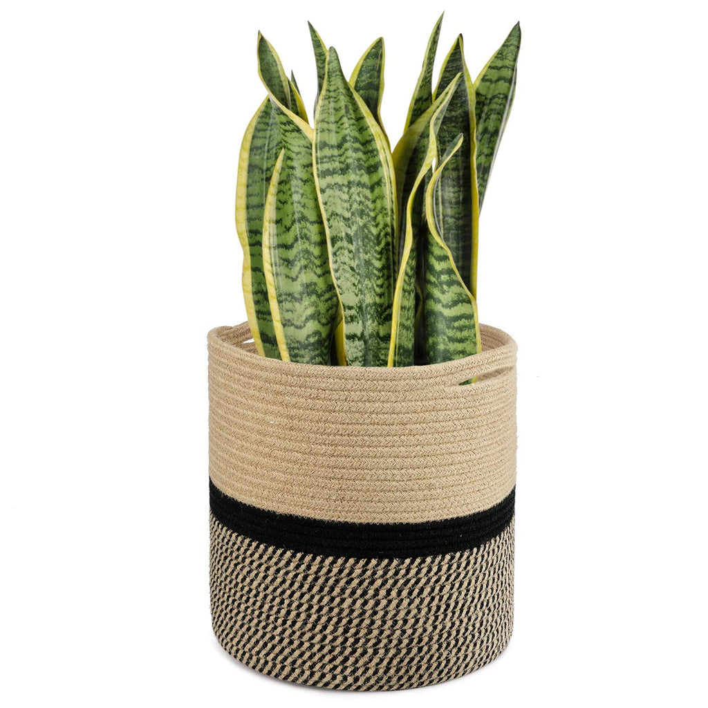 TIMEYARD Sturdy Jute Rope Plant Basket Modern Woven Basket up to 7.5 Inch Flower Pot Floor Indoor Planters, 8” x 8” Storage Organizer Baskets Rustic Home Decor, Black Stripes