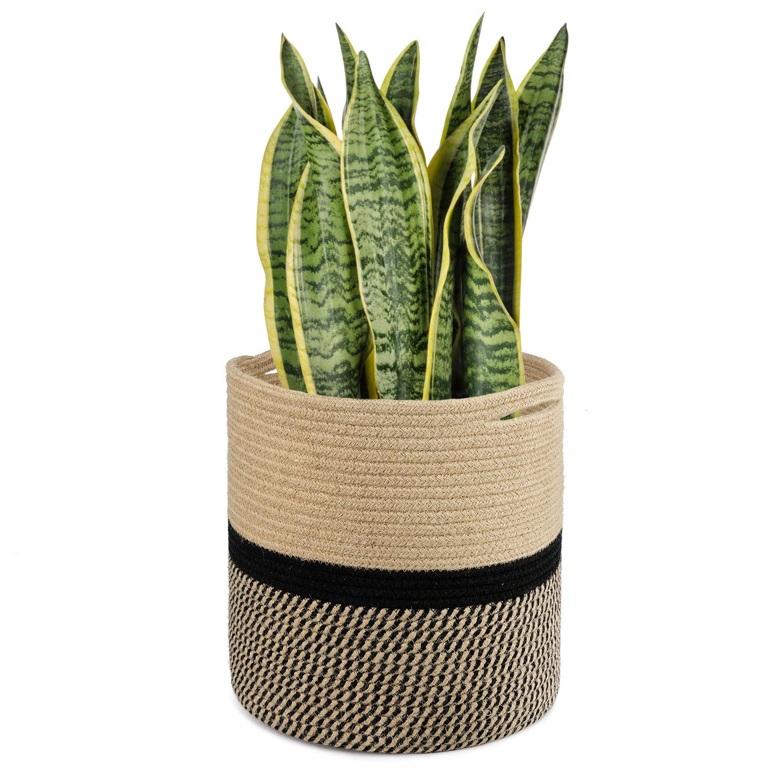 TIMEYARD Sturdy Jute Rope Plant Basket Modern Woven Basket up to 7.5 Inch Flower Pot Floor Indoor Planters, 8” x 8” Storage Organizer Baskets Rustic Home Decor, Black Stripes