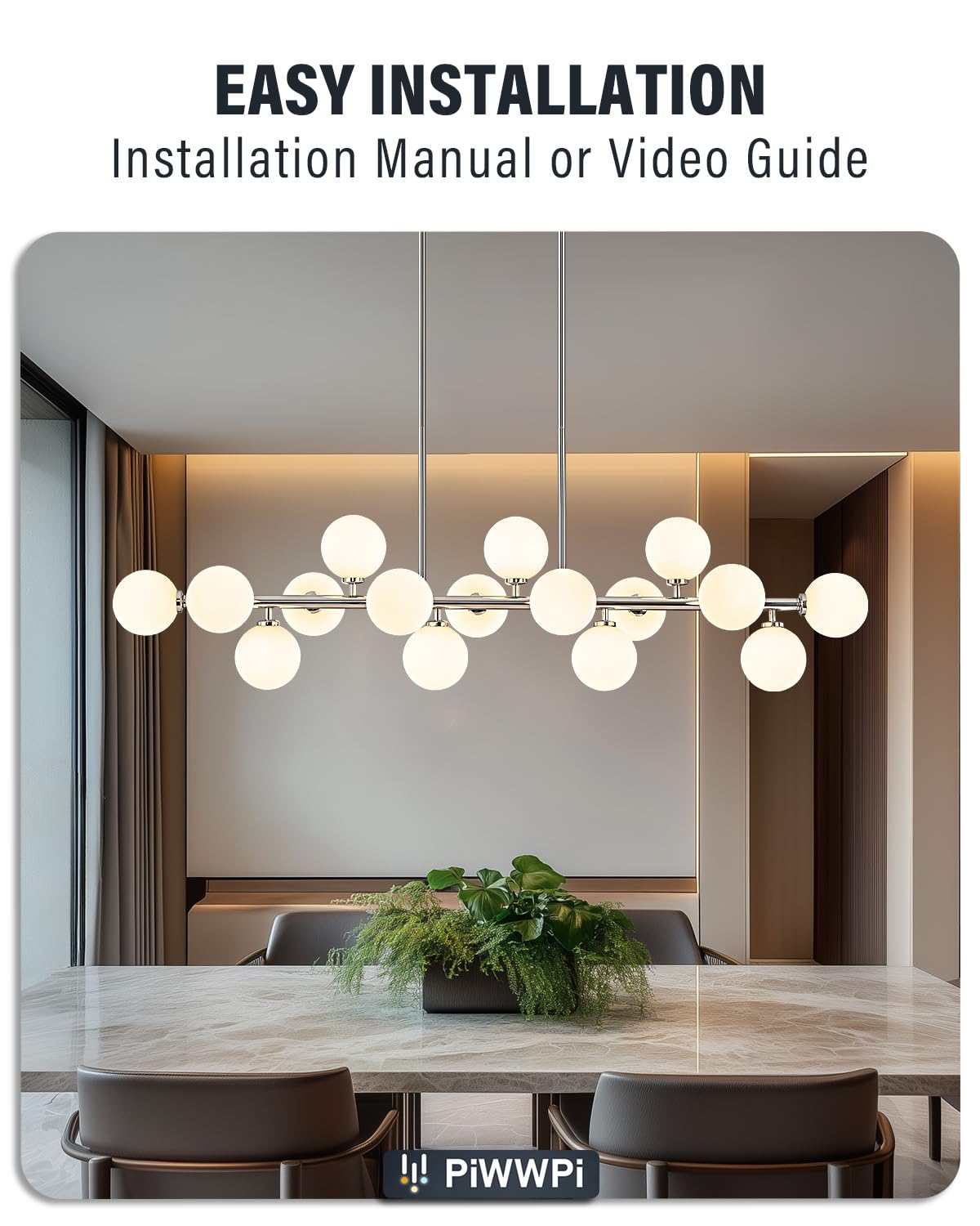 Modern Linear Chandeliers for Dining Room, 8-Light Globe Sputnik Pendant Ceiling Light, Black Dining Room Light Fixture Over Table, Mid Century Glass Milk White Bubble, 31.5 Inch, GC-09