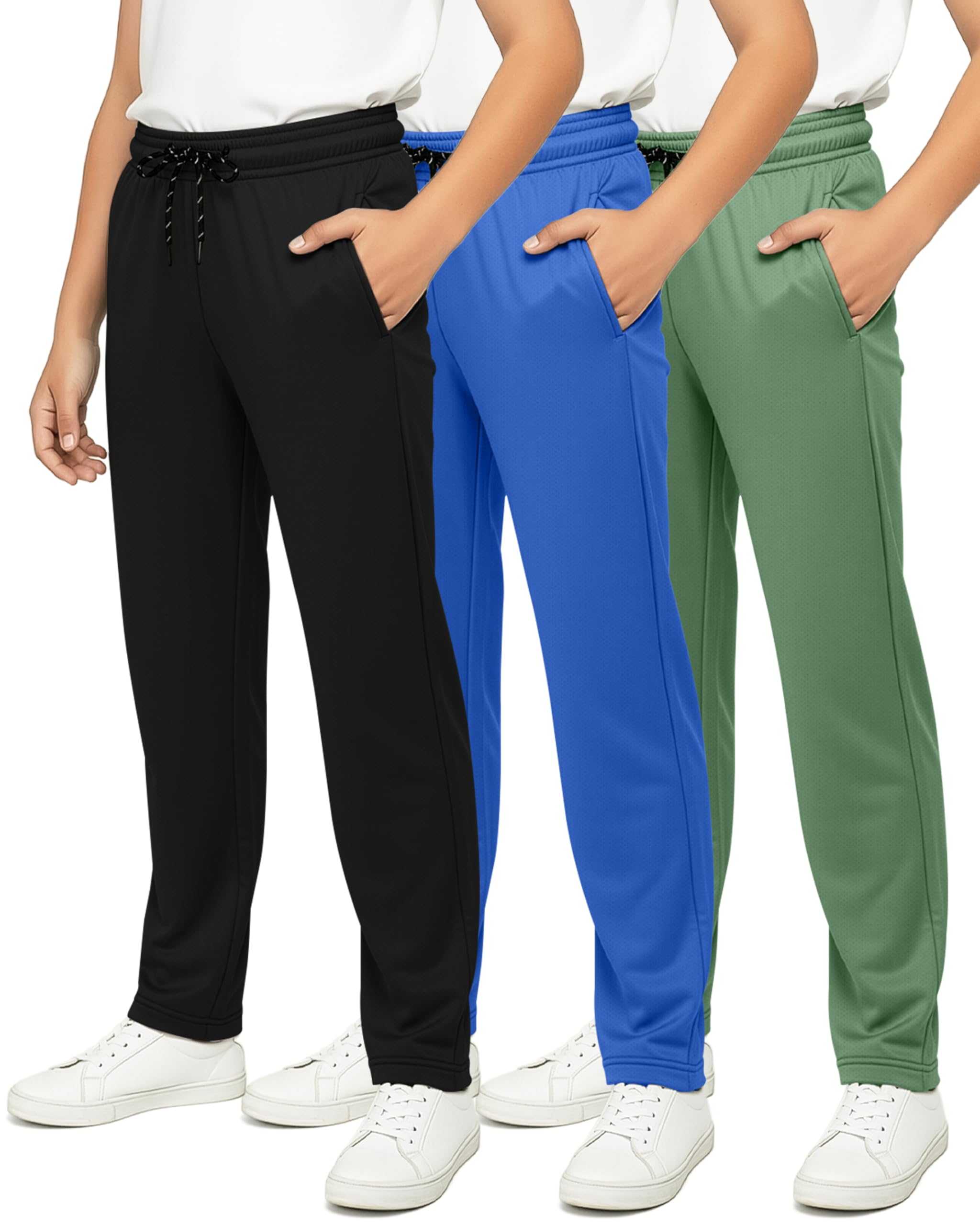 Real Essentials 3 Pack: Boys' Mesh Open Bottom Active Sweatpants with Pockets & Drawstring