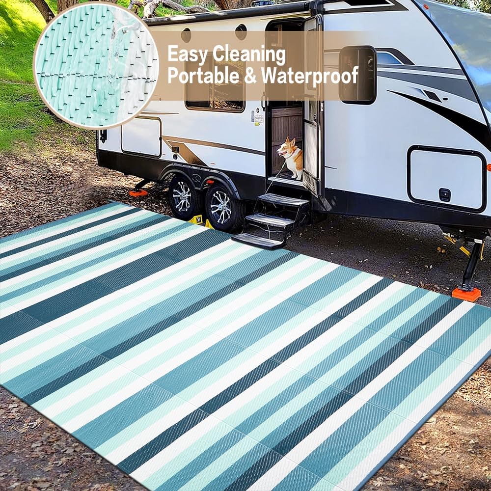 HUGEAR Outdoor Patio Rug 3'x5' Waterproof Outside Area Rugs Blue Reversible Plastic Straw Carpet for RV Deck Camping Entryance Porch Picnic Balcony Beach
