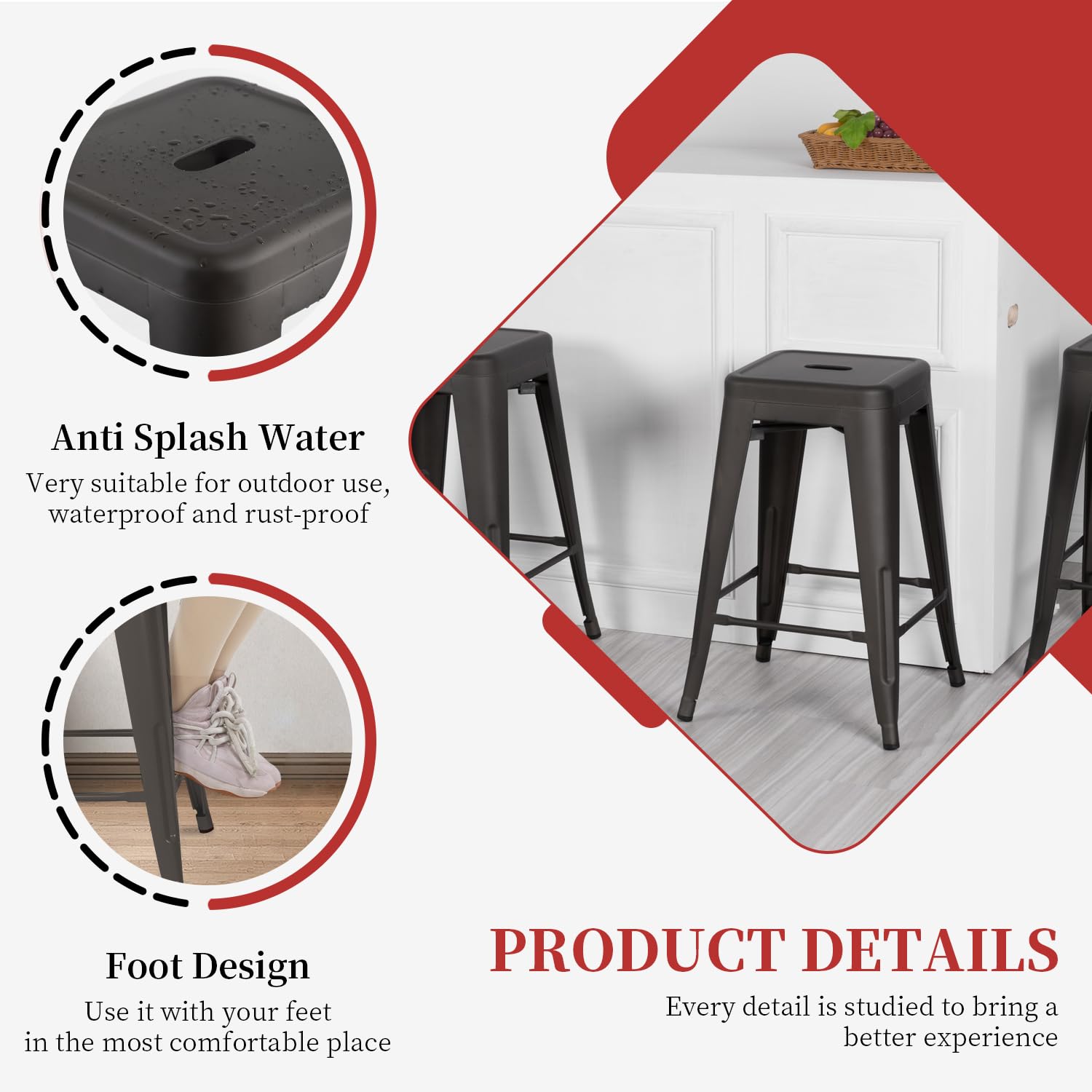 FDW Metal Bar Stools Set of 4 Counter Height Bar Stools 24 Inches Industrial Bar Chairs Patio Stool Stackable Backless Stool Indoor Outdoor Metal Kitchen Stools Bar Chairs (Black, 24")