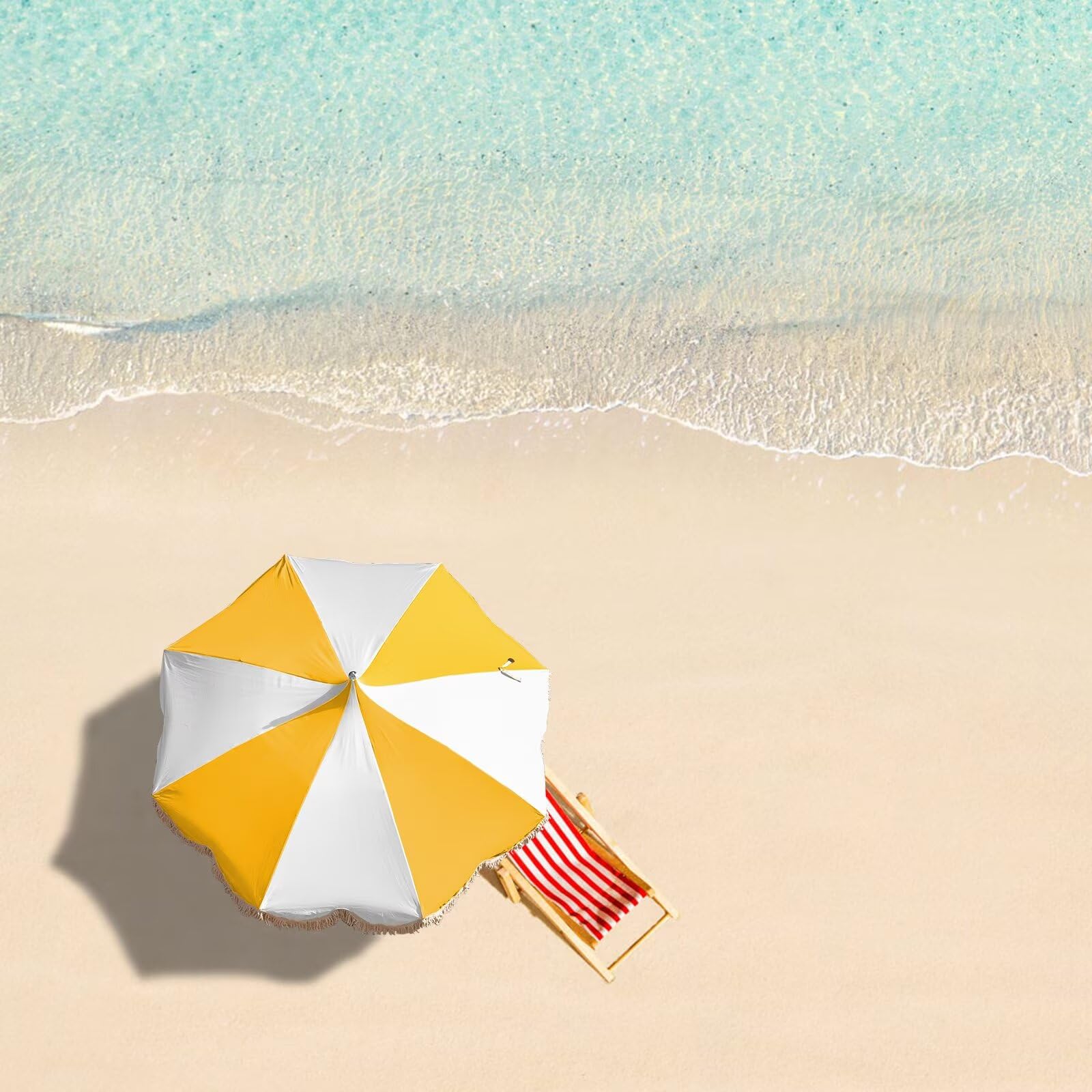 6.5ft Pagoda Beach Umbrella with Fringe, UPF 50+ Boho Umbrellas with Carry Bag, Premium Wood Pole Foldable Tassel Umbrella for Outdoor Garden Lawn Pool Yard Table