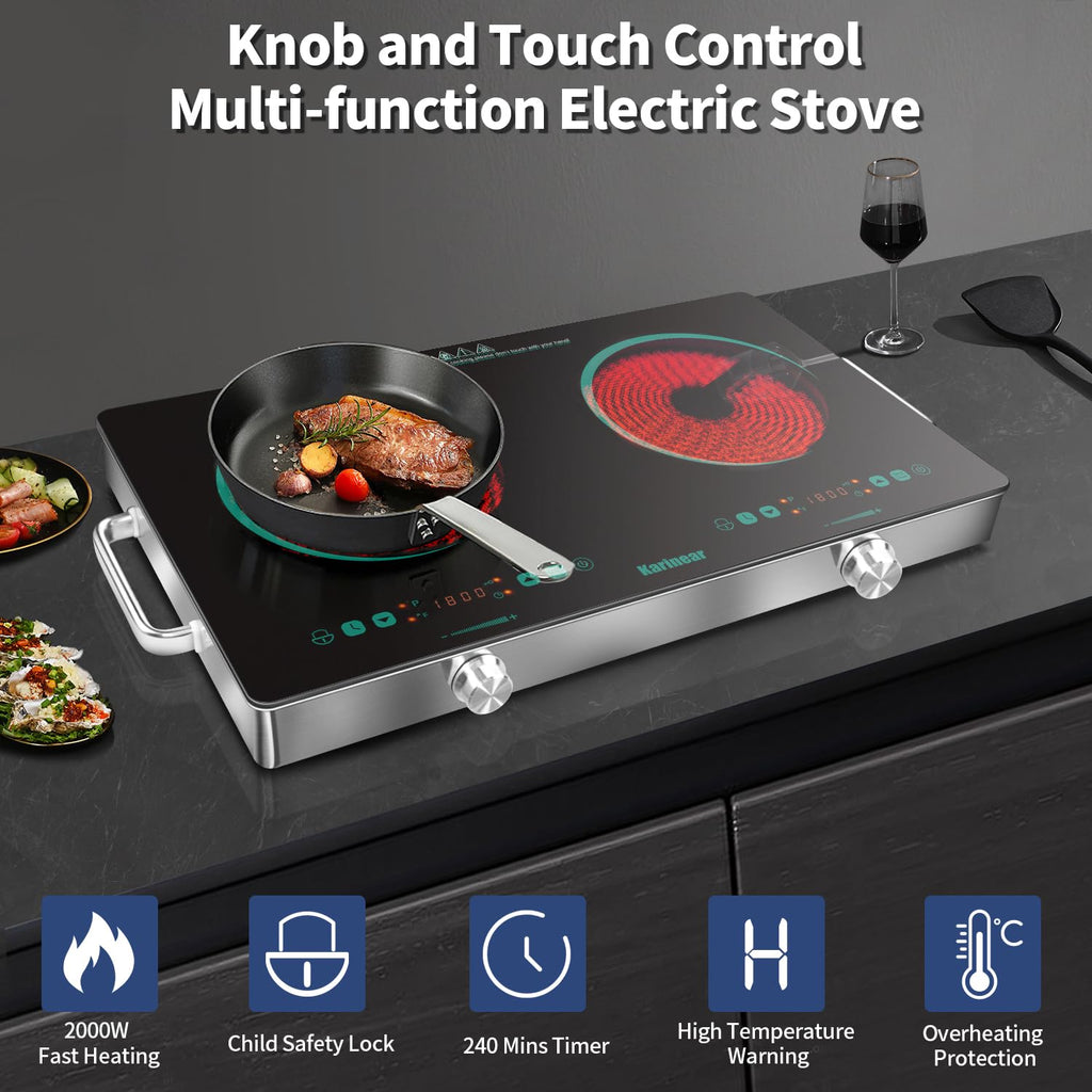 Karinear Portable Electric Stove 110V, 1800W Electric Hot Plate with Handle, Knob Control Single Burner Electri Cooktop, Ceramic Infrared Countertop Burner, Timer, Safety Lock(Green)