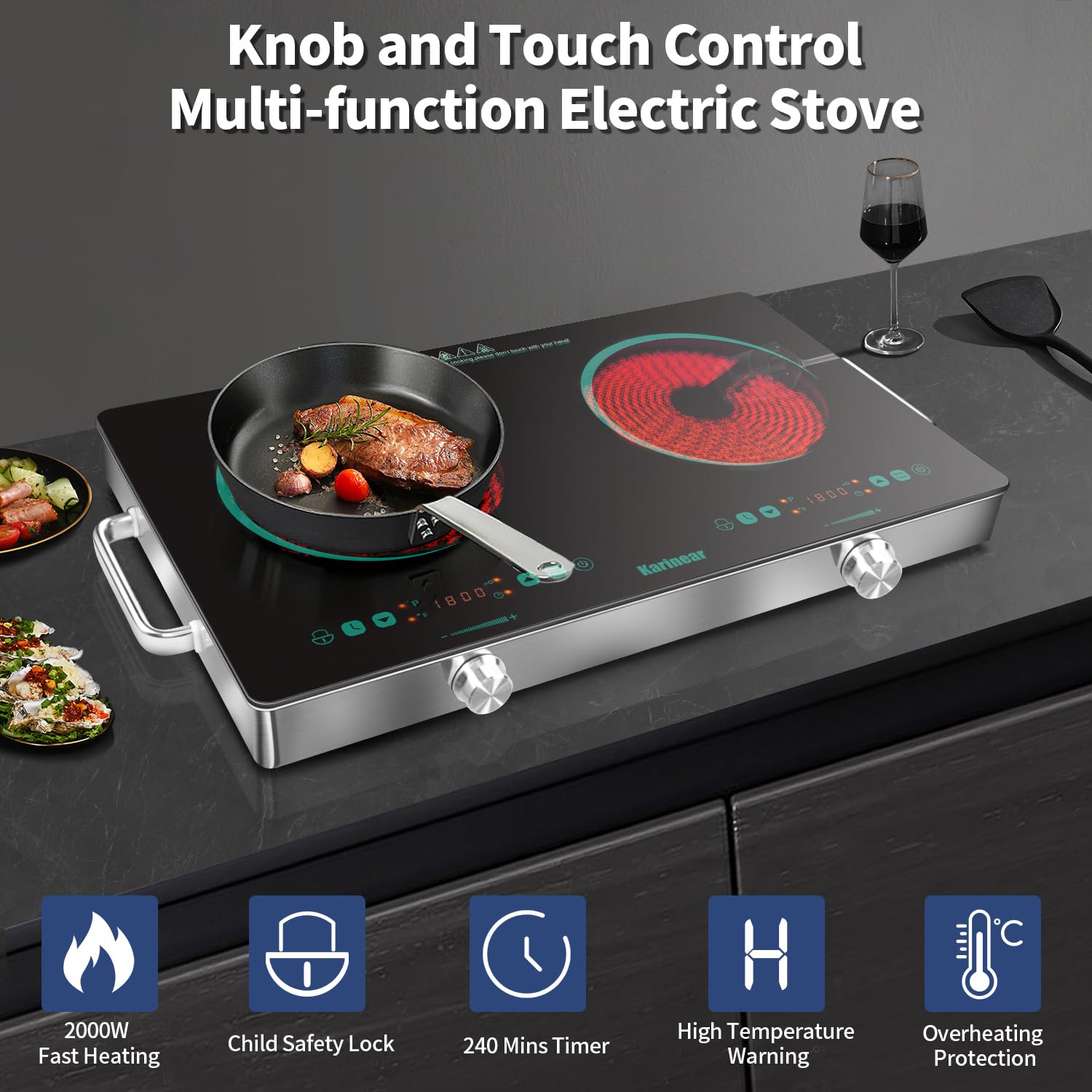 Karinear Portable Electric Stove 110V, 1800W Electric Hot Plate with Handle, Knob Control Single Burner Electri Cooktop, Ceramic Infrared Countertop Burner, Timer, Safety Lock(Green)