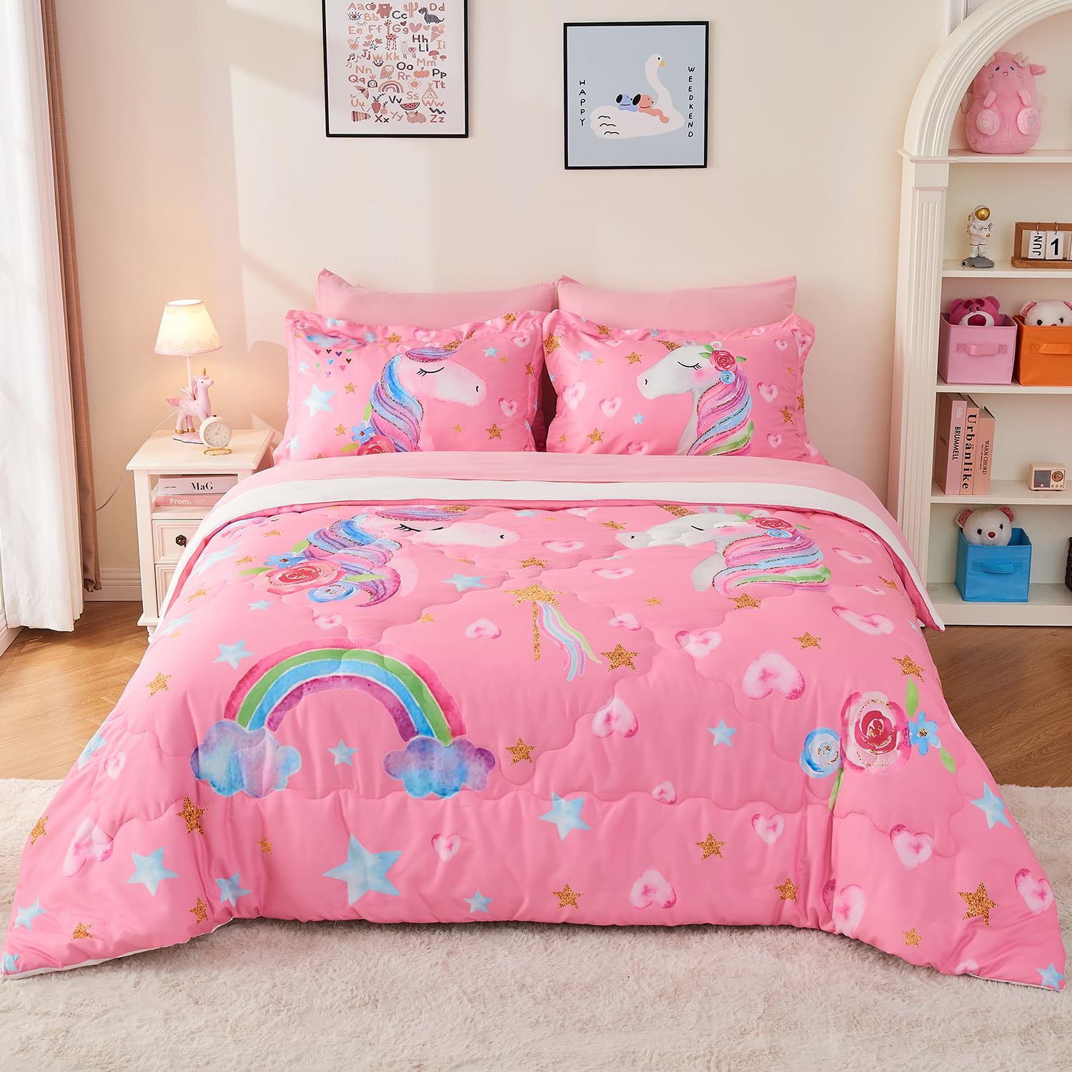 Wajade 7 Piece Blue Bow Comforter Set for Girls Kids Twin Size Bedding Set with Sheet and 2 Pillowcases 2 Pillow Shams Cute Girls Bed in a Bag as Birthday Choice