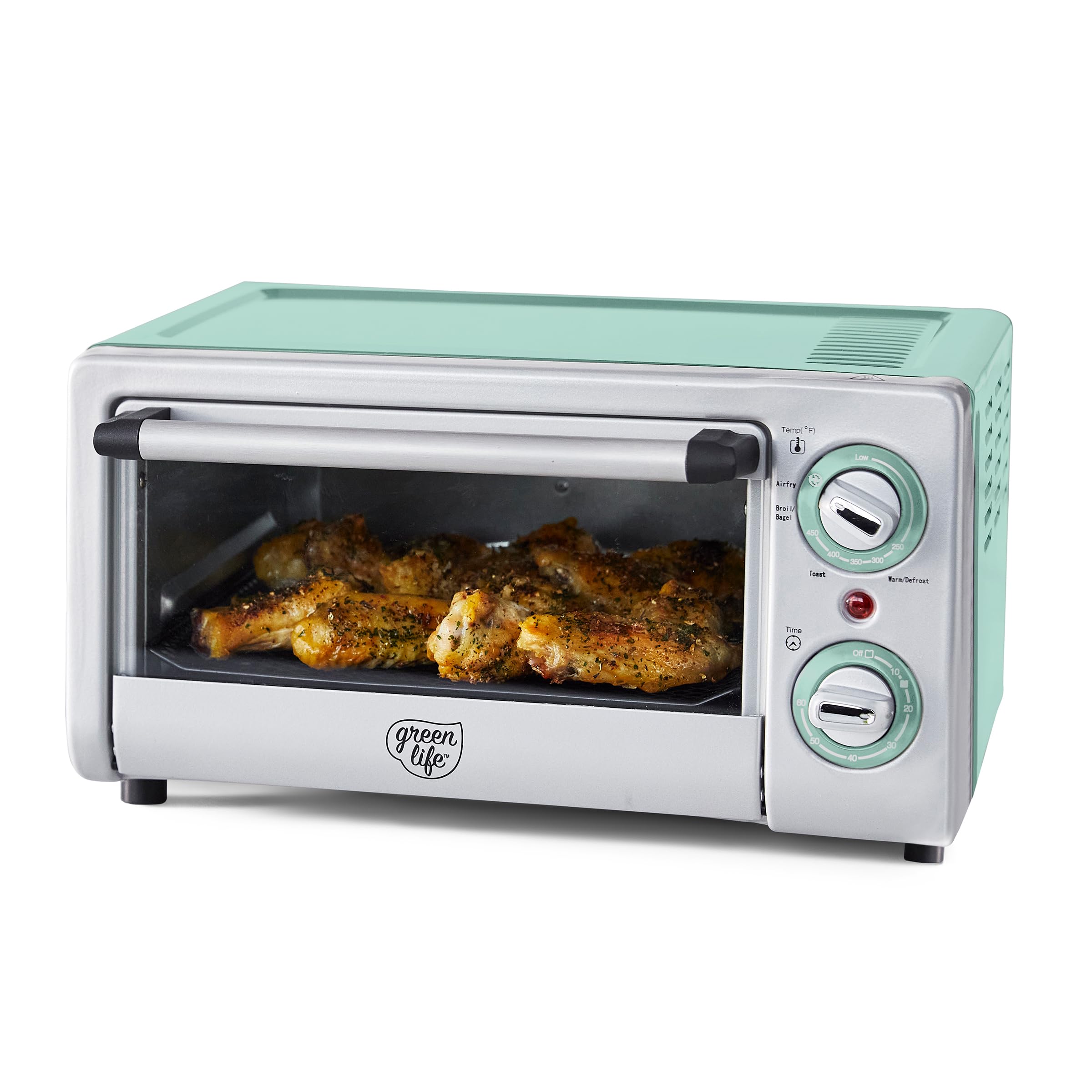 GreenLife Countertop Toaster Oven Air Fryer Stainless Steel, Healthy Ceramic Nonstick, PFAS Free, Tray & Basket, Bake, Broil, Reheat, Adjustable Temp & Time Control, Auto Shutoff, Black