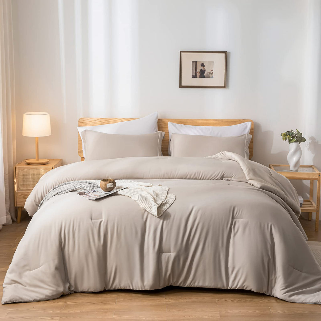 weigelia Twin Comforter Set 5 Pieces Beige Bed in A Bag Soft Queen Bedding Set Lightweight Comforter Set for Women and Men（Comforters, Flat & Fitted Sheets, Pillowcases & Shams）