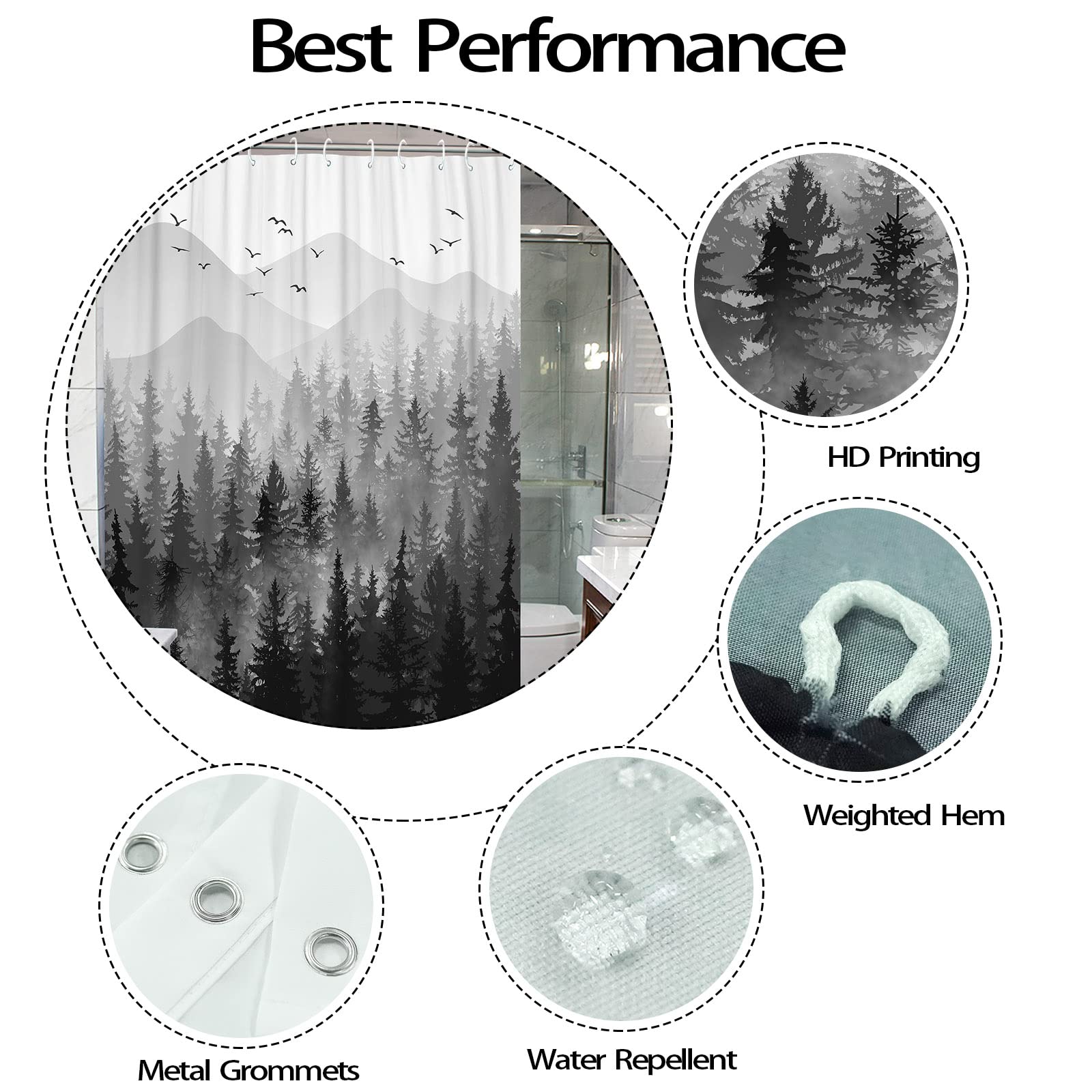 Stall Small Black and White Misty Forest Shower Curtain Ombre Gray Grey Mountain Pine Tree Waterproof Fabric Shower Curtains for Bathroom Nature Woodland Decorative Bath Curtain Decor 36×72 Inches