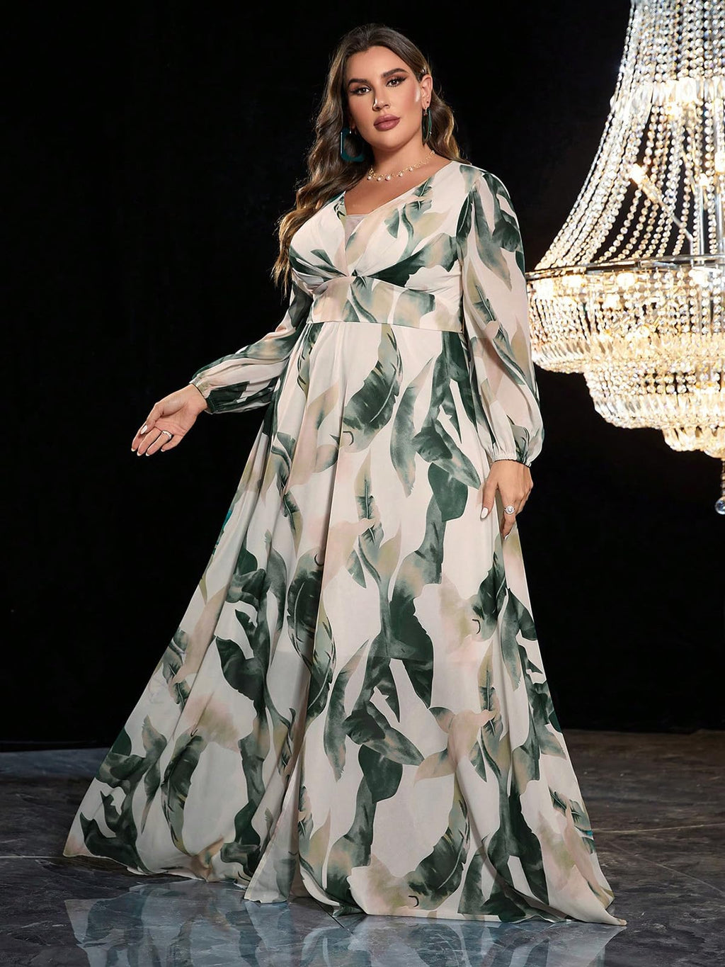 Spring Summer 2024 Plus Size Womens Dresses V Neck Casual Elegant Long Sleeve Floral Print Maxi Dress