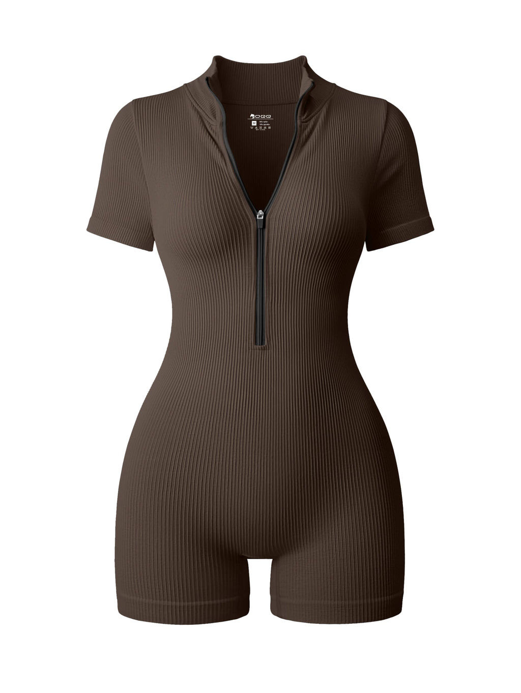 OQQ Women Rompers Ribbed Short Sleeve Zip Front Stretch Tummy Control Yoga Workout Rompers