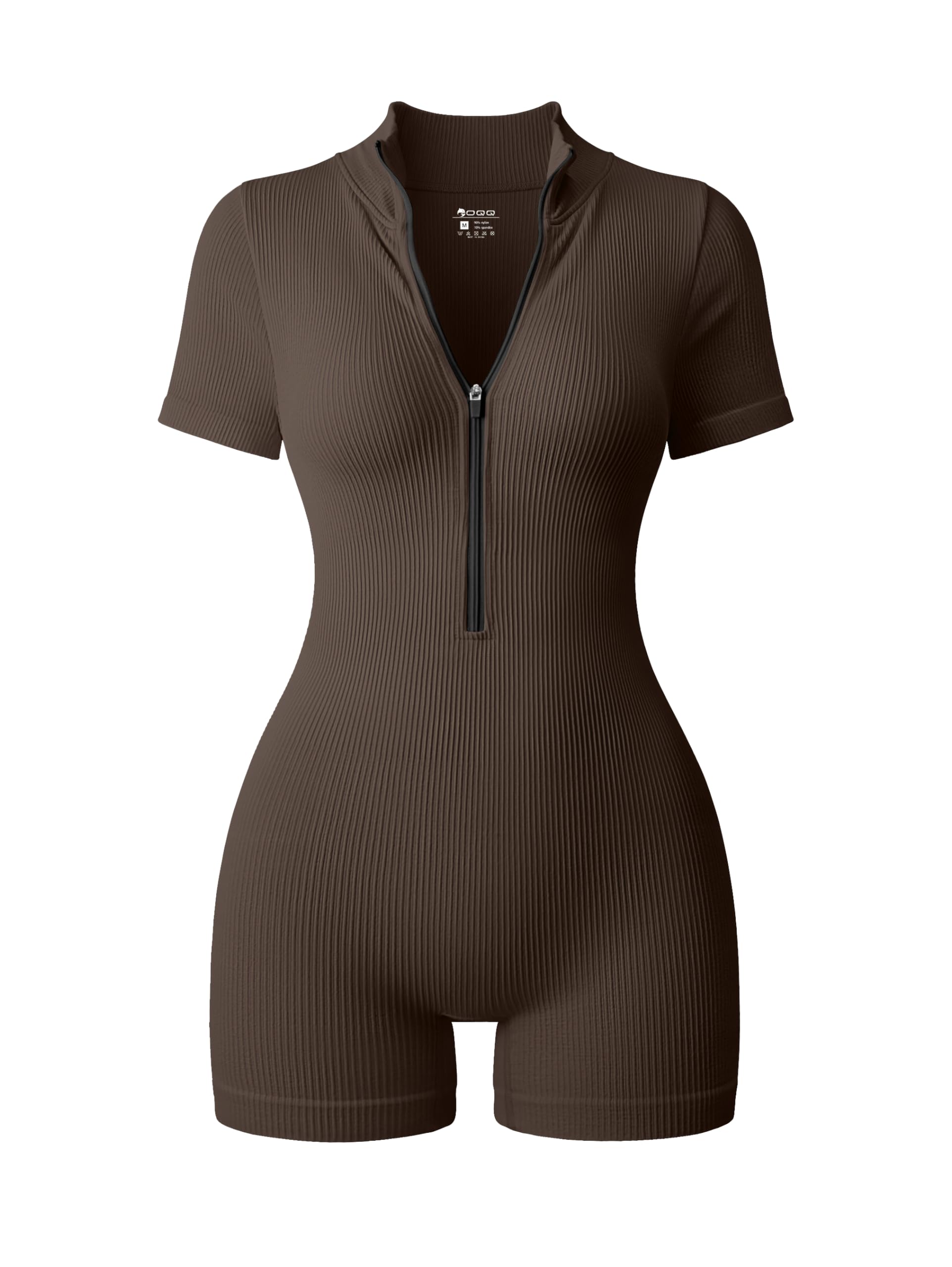 OQQ Women Rompers Ribbed Short Sleeve Zip Front Stretch Tummy Control Yoga Workout Rompers