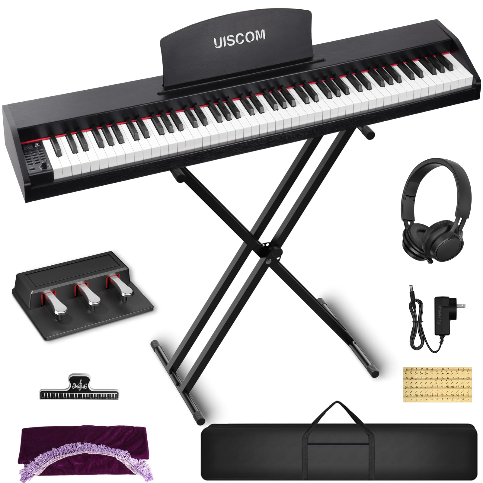 UISCOM Digital Piano Keyboard for Beginners, Full Size 88 Key Semi-Weighted Keyboard Electric Piano with Stand,Power Adapter,Sheet Music Stand,Pedal,Headphone,USB-MIDI Compatible,Wood Grain Apricot