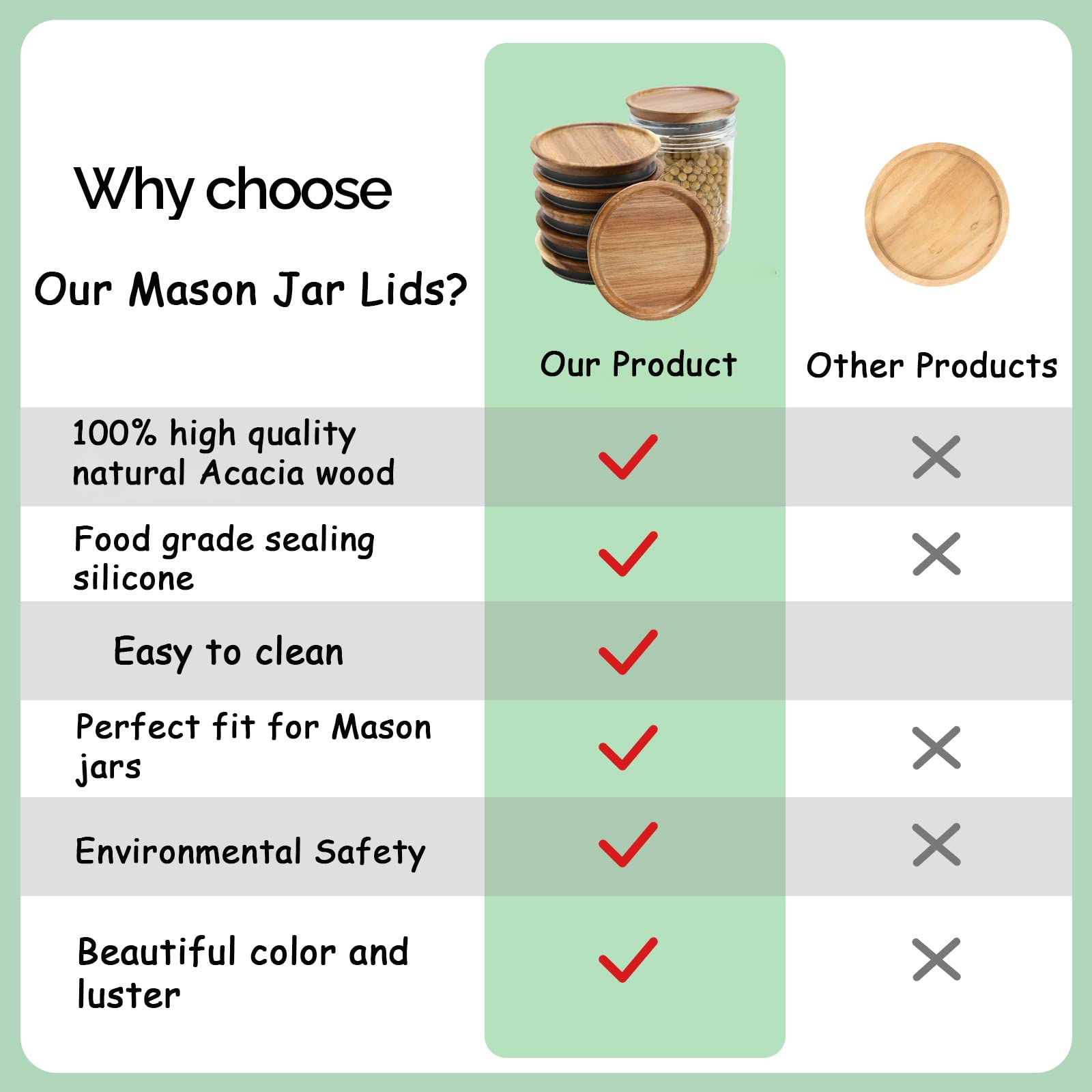 6 Pack Wide Mouth Mason Jar Lids Reusable canning lids Acacia Wooden mason jar Lids with Airtight Silicone Seal, Brown (6PCS Wide Lids)
