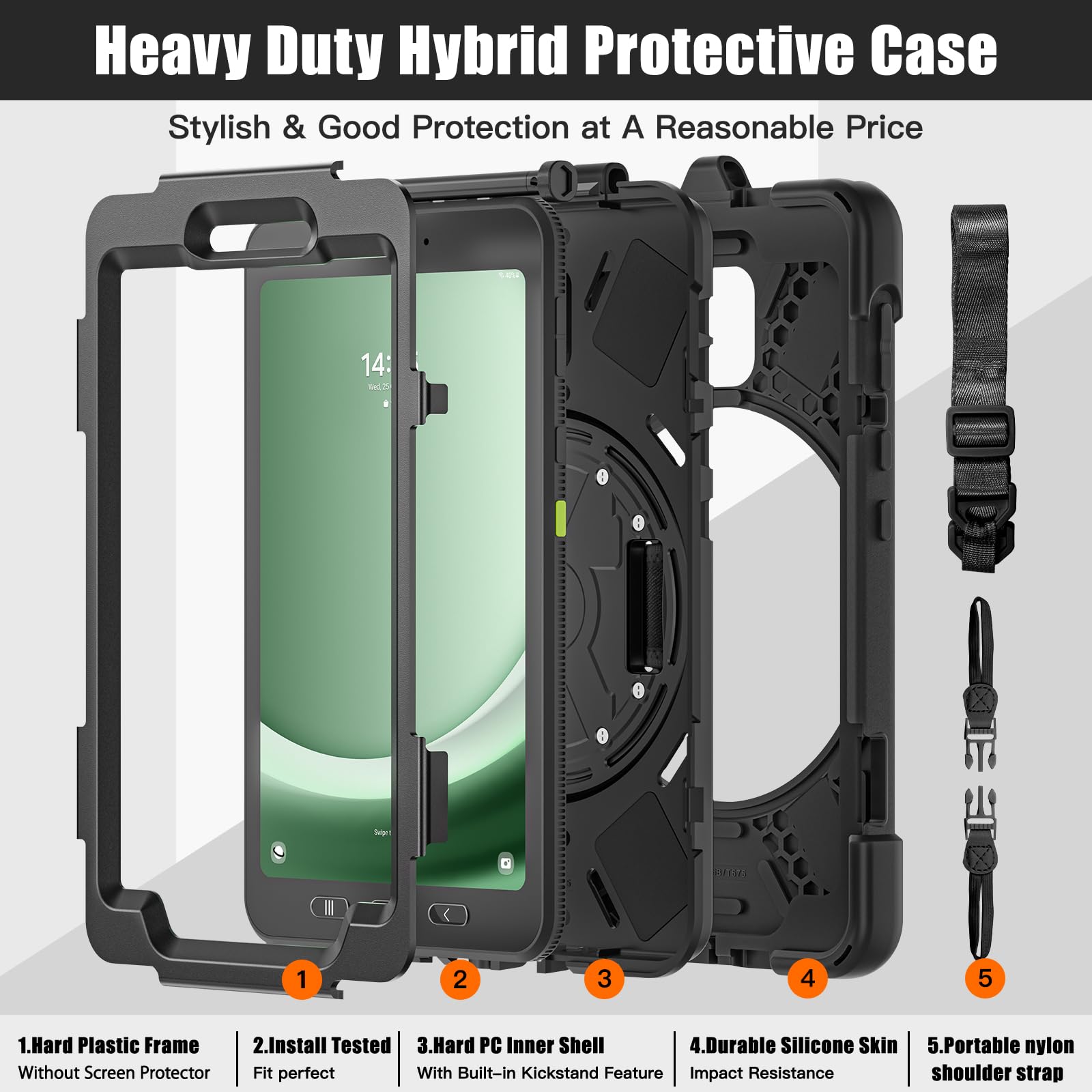 Samsung Galaxy Tab Active5/Active 3 8.0 Case, with 360 Stand, Handle Hand Strap & Shoulder Strap for Galaxy Tab Active5 8" 2024 X300/X307, Active3 8" 2020 T570/T575/T577 (Black)