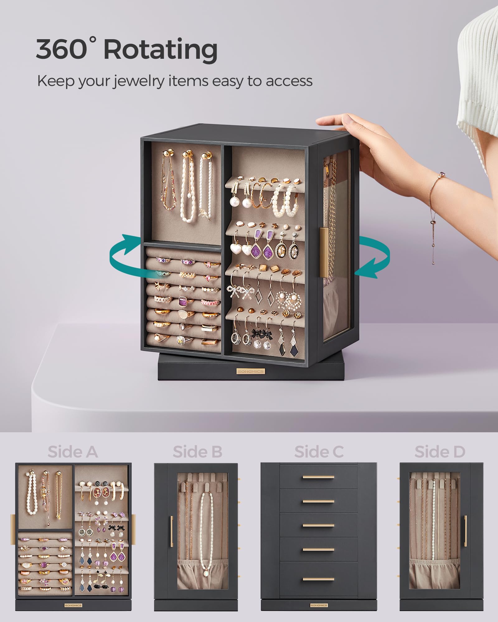 SONGMICS GISELLA Collection - Jewelry Box Organizer 360° Rotating, Vertical Jewelry Storage Case with 5 Drawers, Glass Window, Spacious, Open Design, Great Gift, Cloud White UJBC170W01