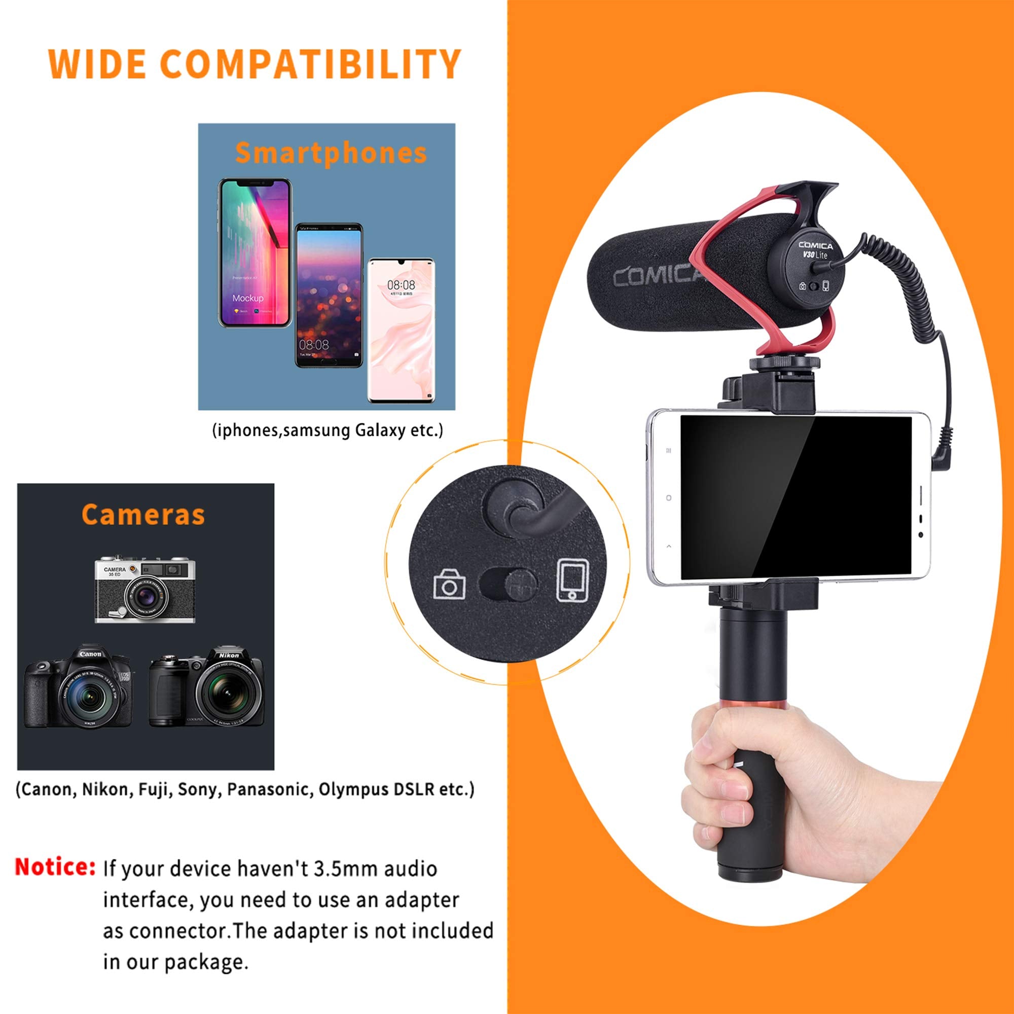 COMICA CVM-V30 LITE Video Microphone,Super-Cardioid Condenser On-Camera Shotgun Microphone for Canon Nikon Sony Panasonic DSLR Cameras,Mic for iPhone Android Smartphone with 3.5mm Jack(Black)