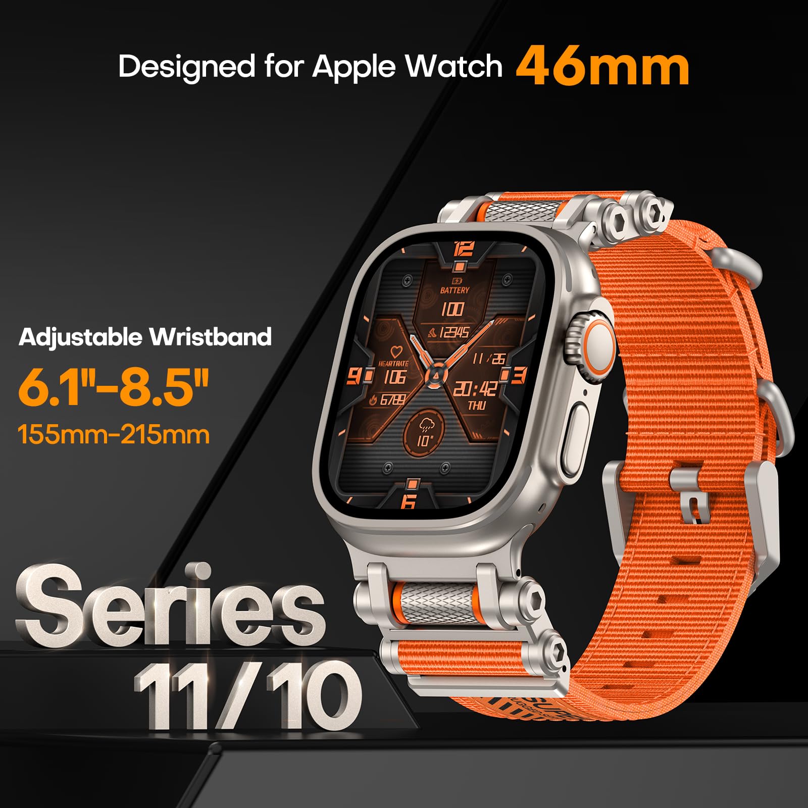 TAURI Nylon for Apple Watch Bands SE/Series 9/8/7/6/5/4 44/45mm, Rugged Nylon Braided Strap & Stainless Steel Connector – iWatch 44mm/45mm Adjustable Woven Band for Men Women, All Black