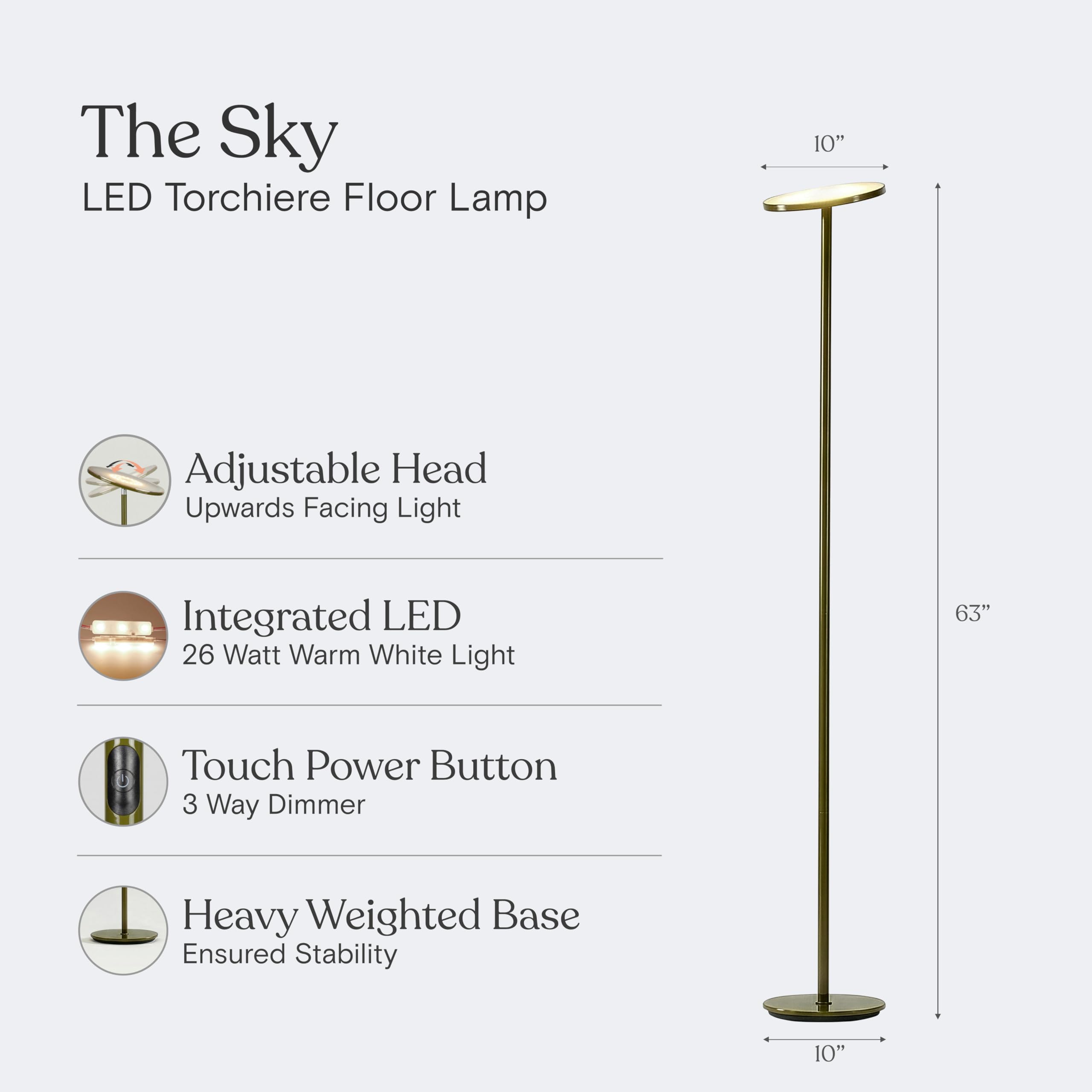 Brightech Sky LED Floor lamp, Torchiere Super Bright Floor Lamp for Living Room Decor & Office - Dimmable, Tall Standing Lamp with Warm Light for Bedroom & Reading - Bronze