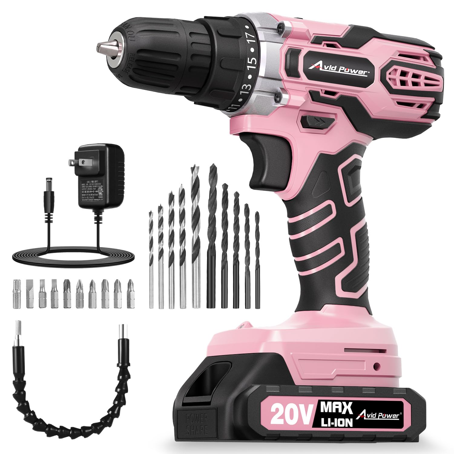 AVID POWER 20V MAX Power Drill Kit, Cordless Drill Set with Battery and Charger, 2 Variable Speed, 3/8-Inch Keyless Chuck, 19 Position and 22pcs Bits
