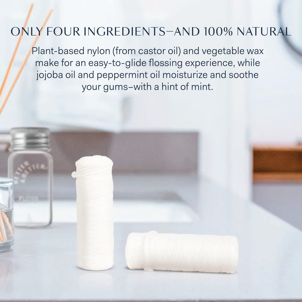 Better & Better Natural Floss in Refillable Glass Jar | Waxed & Zero Plastic Oral Care - 100% Plant-Based, Vegan, Eco and Non Toxic Dental Floss, 1 Spool