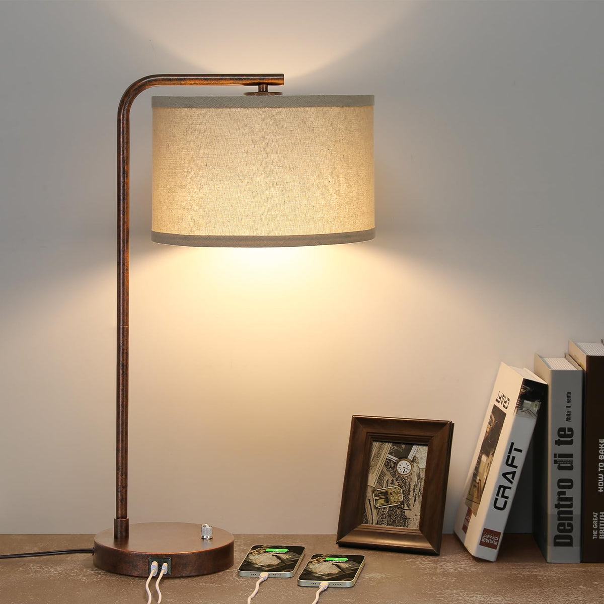 Table Lamps Set of 2, Fully Dimmable Bedside Lamp with USB C+A Charging Ports, Modern Nightstand Lamps with Linen Fabric Shades, Tall Desk Lamp for Bedroom, Living Room, Office, LED Bulb Included