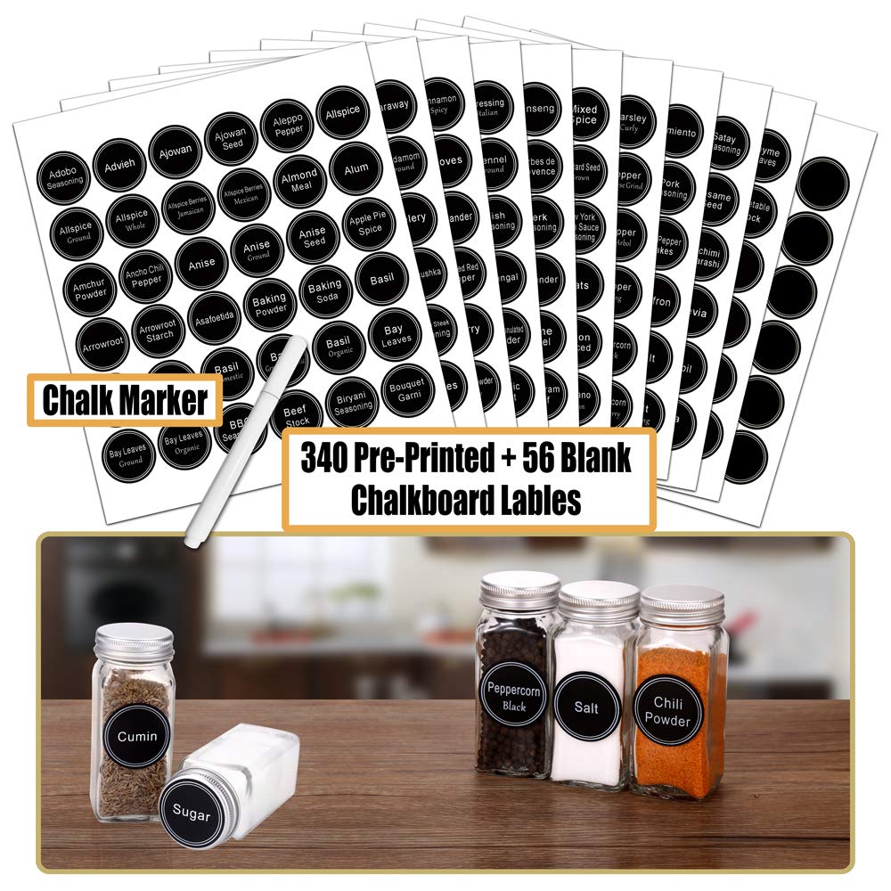 SWOMMOLY 42 Glass Spice Jars with 703 Spice Labels, Chalk Marker and Funnel Complete Set. 42 Square Glass Jars 4oz, Airtight Cap, Pour/sift Shaker Lid