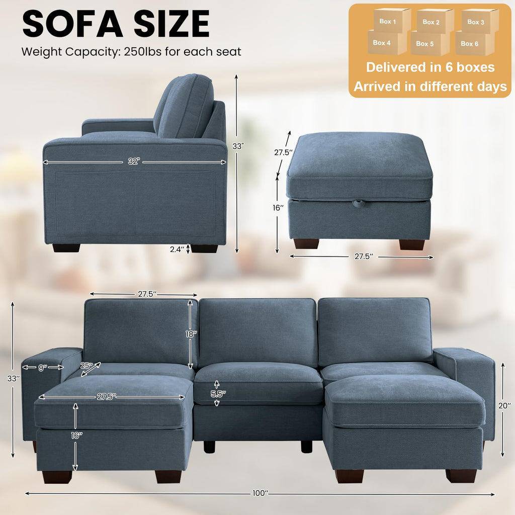 TEKAMON 100" Modular Sectional Sofa with Seats Storage, L Shaped Couch with Movable Ottoman for Living Room, Couch with Chaise, Solid Wood Frame, Spring Cushions, USB Port, Removable Covers, Beige