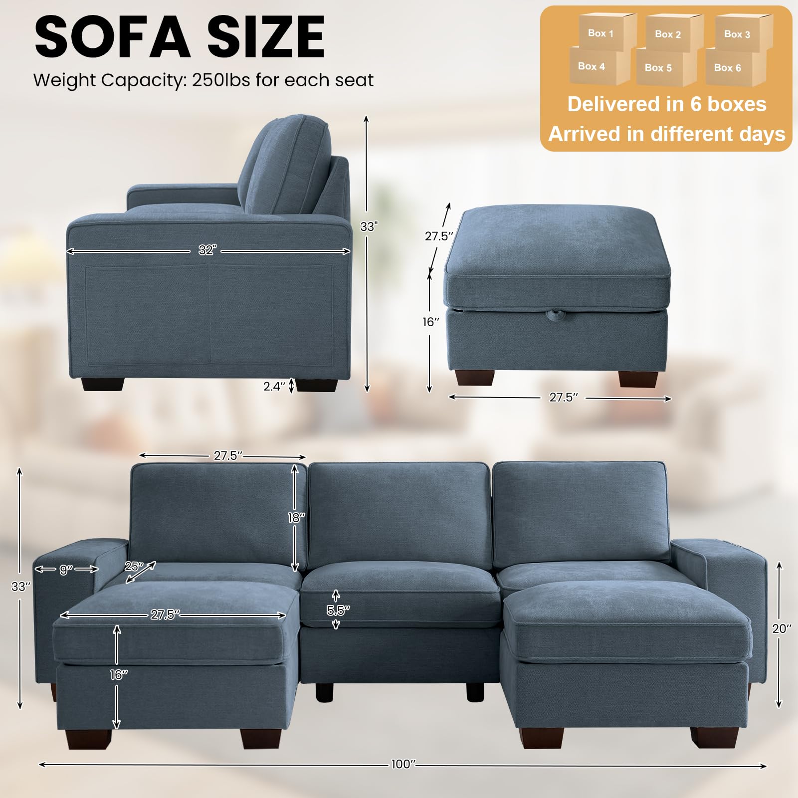 TEKAMON 100" Modular Sectional Sofa with Seats Storage, L Shaped Couch with Movable Ottoman for Living Room, Couch with Chaise, Solid Wood Frame, Spring Cushions, USB Port, Removable Covers, Beige