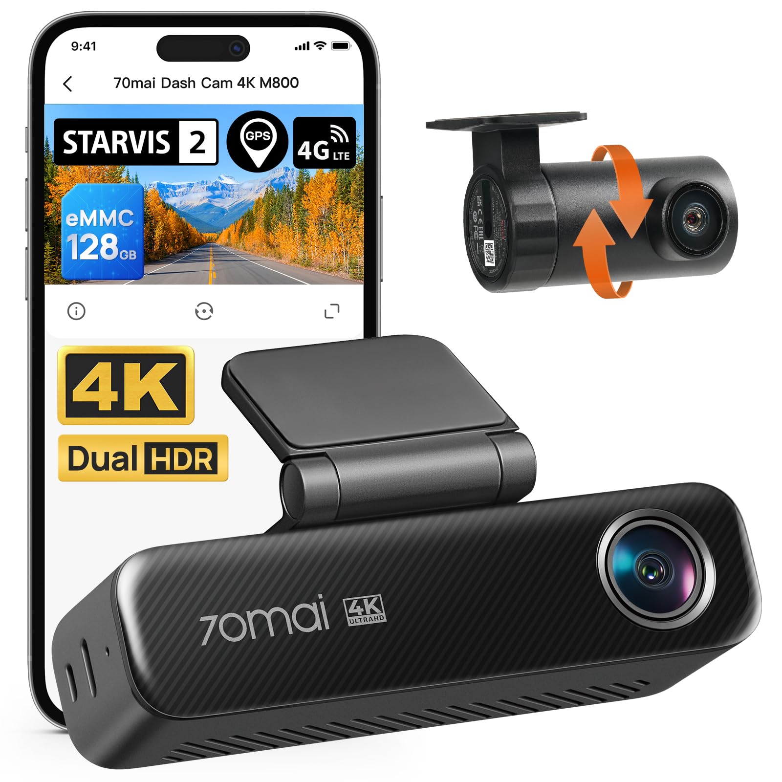 70mai 4K Dash Cam Front and Rear for Cars, STARVIS 2 IMX678 Super Night Vision & F1.7 Aperture, Dual HDR, Support 4G LTE & 5GHz Wi-Fi, Built-in 128GB eMMC, GPS, Voice Control, Parking Monitor (M800)