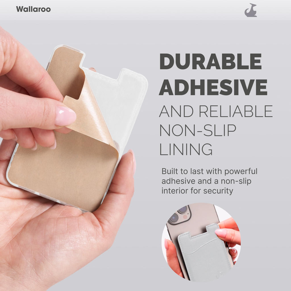Wallaroo Premium Leather Cell Phone Wallet Stick On - Android and iPhone Wallet and Card Holder for Women and Men - Durable with Non-Slip Lining Secures Up to 3 Cards