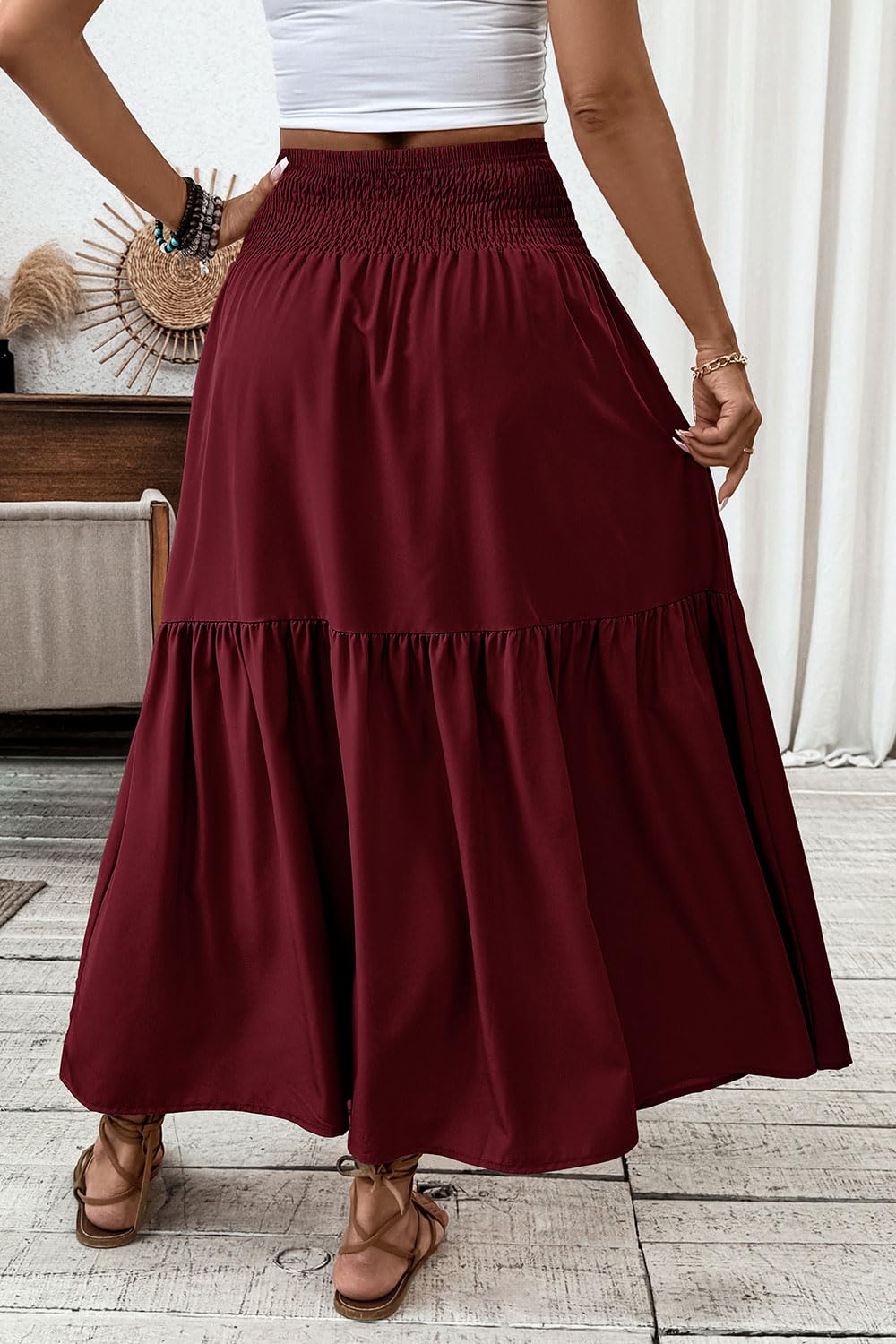 Women's Smocked High Waist Maxi Skirt Casual Boho Long Skirts with Pockets