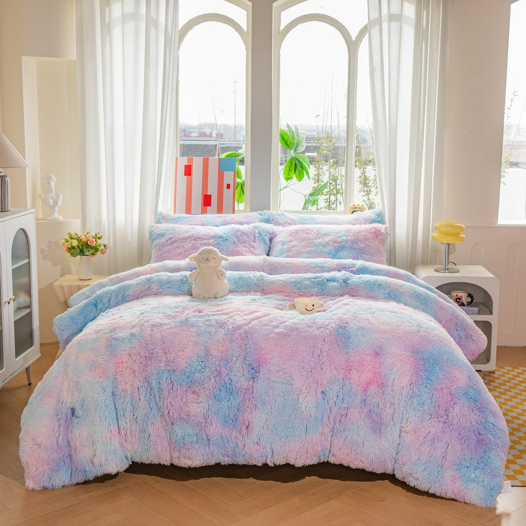 Faux Fur Kids Girls Purple Rainbow Comforter Sets Twin/Full - 3PC Bed Set Warm Comfortable Soft Plush Flannel Velvet Fluffy Fuzzy Bedding（Comforter x 1 Pillowcases x 2）