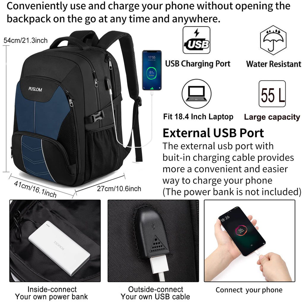 Extra Large Backpack for Men 55L,18.4Inch Travel Laptop Backpack with USB Charging Port Business Flight Approved Carry On Backpack,TSA Big Capacity Heavy Duty Computer Bag College Bookbag,Black