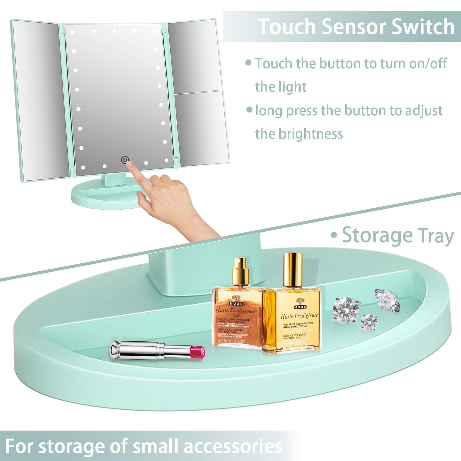 Flymiro Tri-fold Lighted Vanity Makeup Mirror with 3x/2x Magnification,Light up Mirror for Makeup,Touch Screen 21 LEDs,180° Rotation Countertop Cosmetic Mirror,Gifts for Women Mom Teen Girls