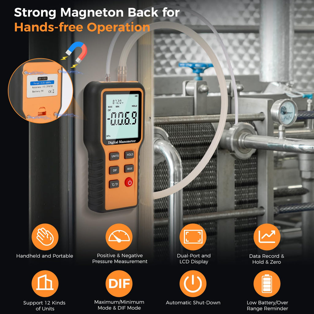 Manometer, Professional Air Pressure Meter, Dual-Port HVAC Digital Manometer Gas Pressure Tester,12 Selectable Units Differential Pressure Gauge, (Included Battery)