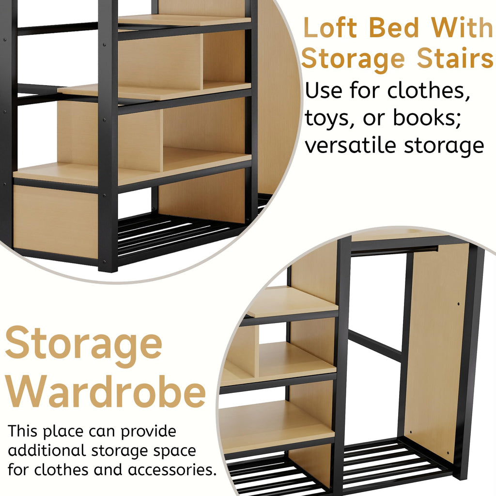 Mirightone Full Size Loft Bed with Stairs, Metal Loft Beds, High Loft Bed Frame with Storage Shelves, Lofted Full Bed with Wardrobe for Kids and Teens, No Box Spring Needed (Black)