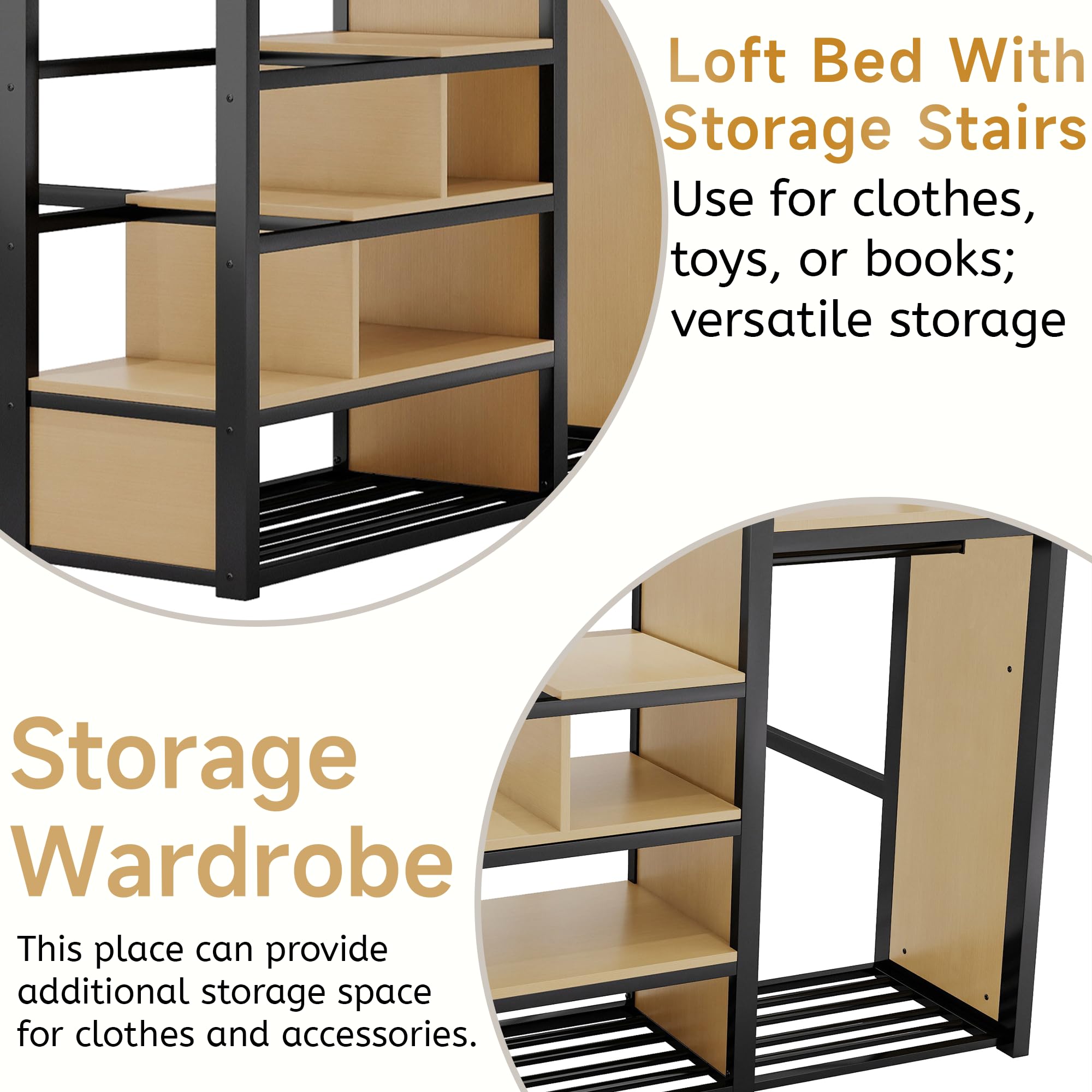 Mirightone Full Size Loft Bed with Stairs, Metal Loft Beds, High Loft Bed Frame with Storage Shelves, Lofted Full Bed with Wardrobe for Kids and Teens, No Box Spring Needed (Black)